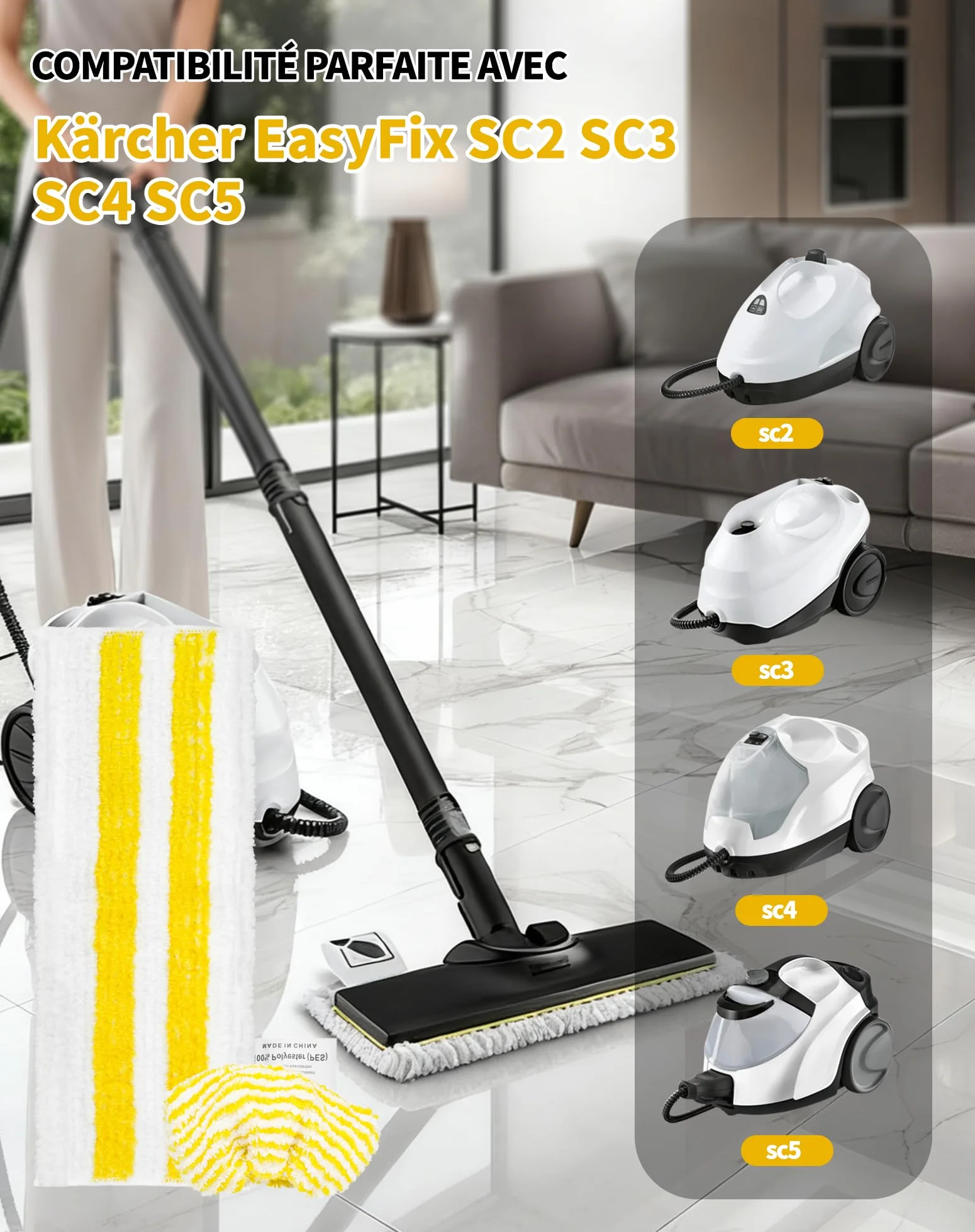 Accessoires Kärcher SC2 SC3 SC4 SC5 6 Microfibre Serpillères 3 Bonnettes Nettoyeur Vapeur Easyfix