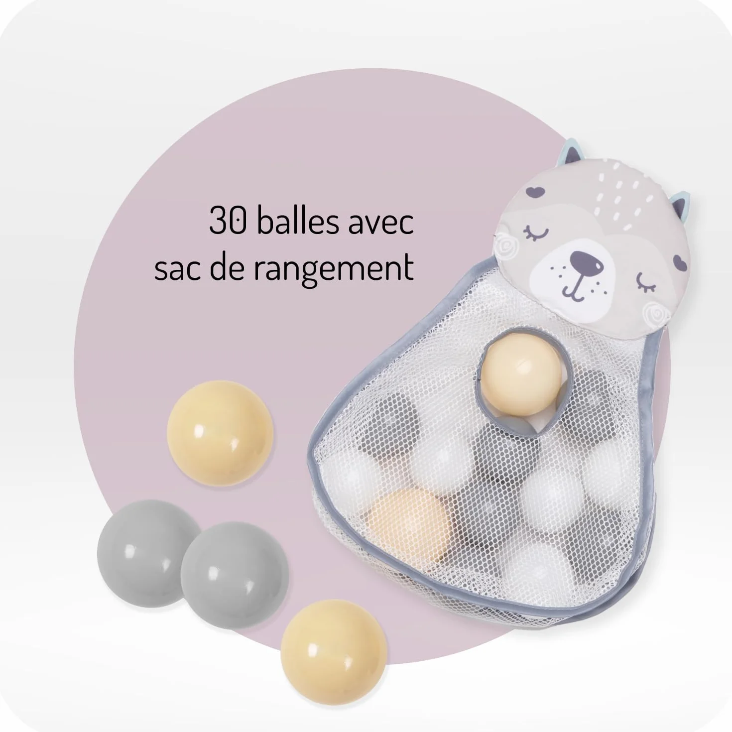 Arche de jeu MoMi PASTEL 3 en 1 avec tapis rampant, bain de balles, 5 jouets, 20 balles