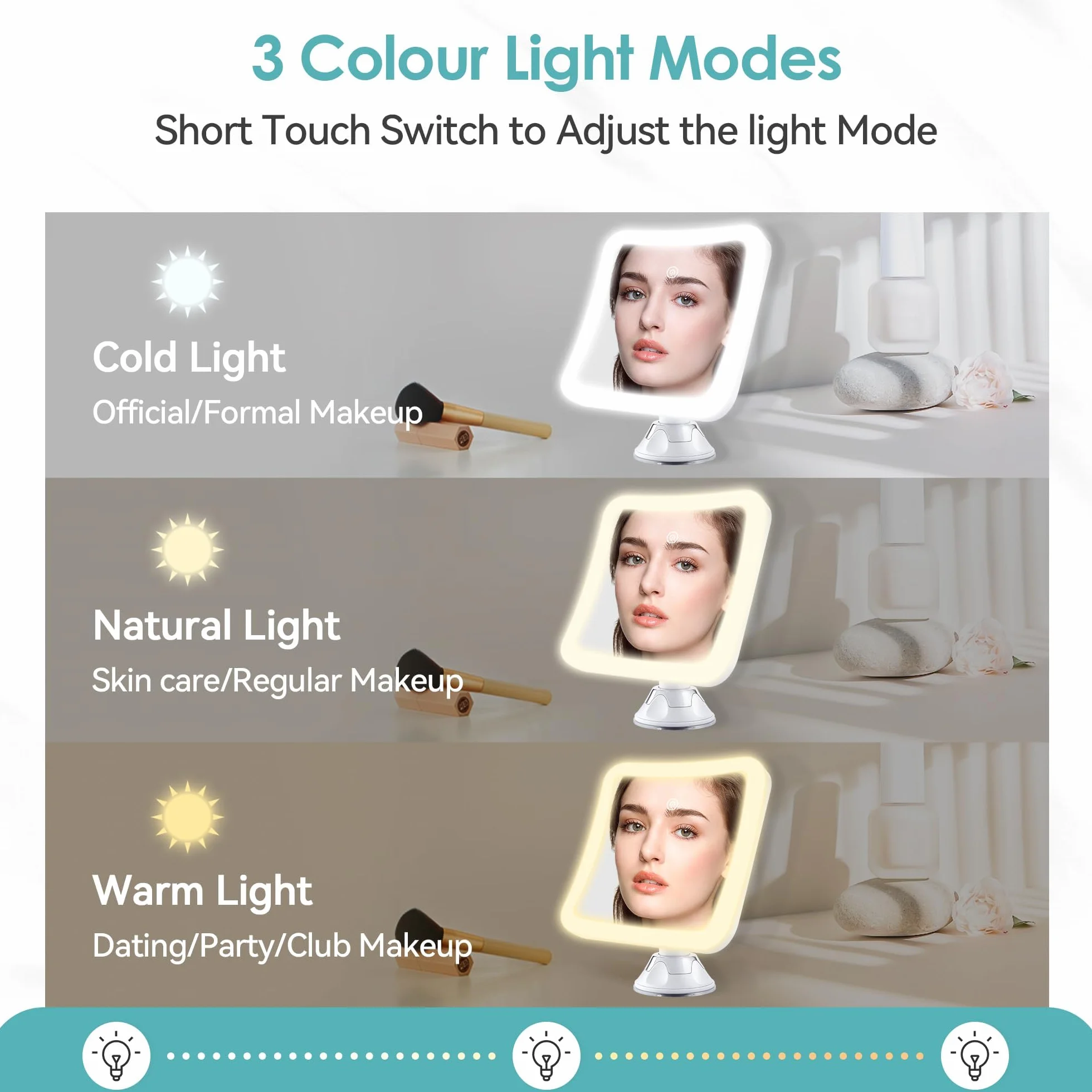 Miroir grossissant 30x avec lumière, maquillage lumineux rechargeable, contrôle tactile, rotation 360°, carré salle de bain voyage