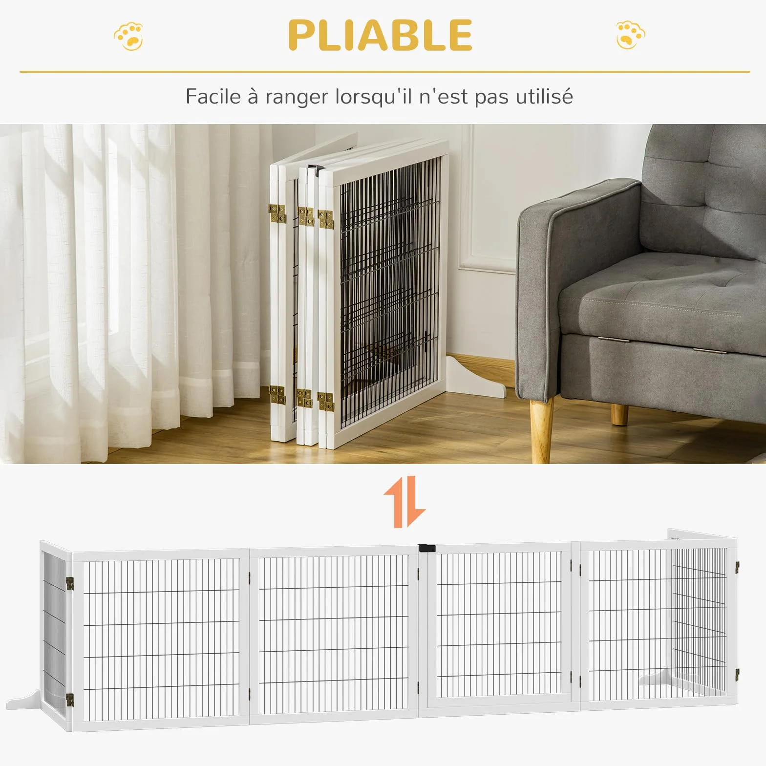 PawHut Barrière de sécurité Chien autoportante modulable Pliable 6 Panneaux Bois de pin 432 x 36 x 70 cm Blanc