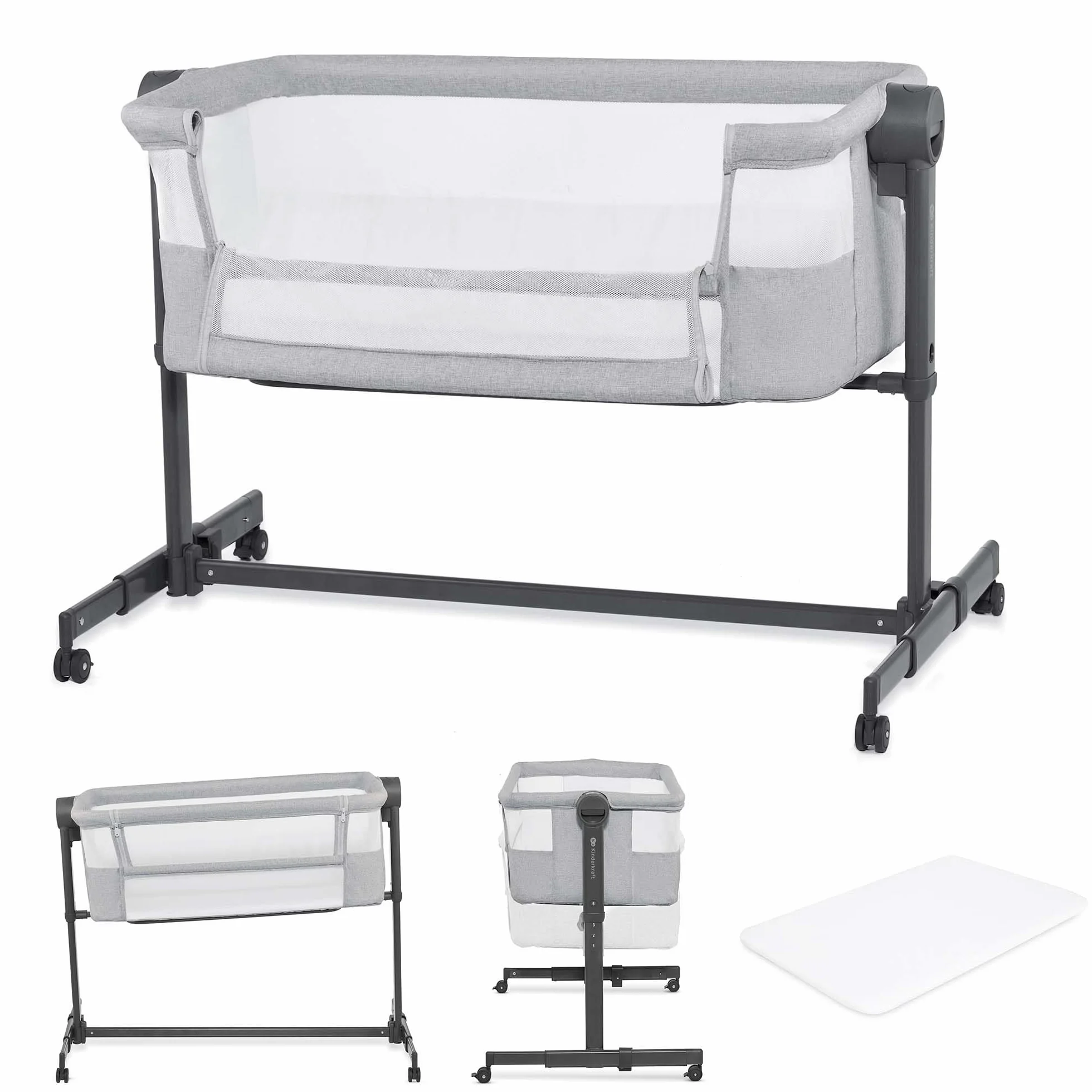 Kinderkraft NESTEE UP 2 Lit bébé cododo avec matelas, réglage hauteur, pieds réglables, gris clair