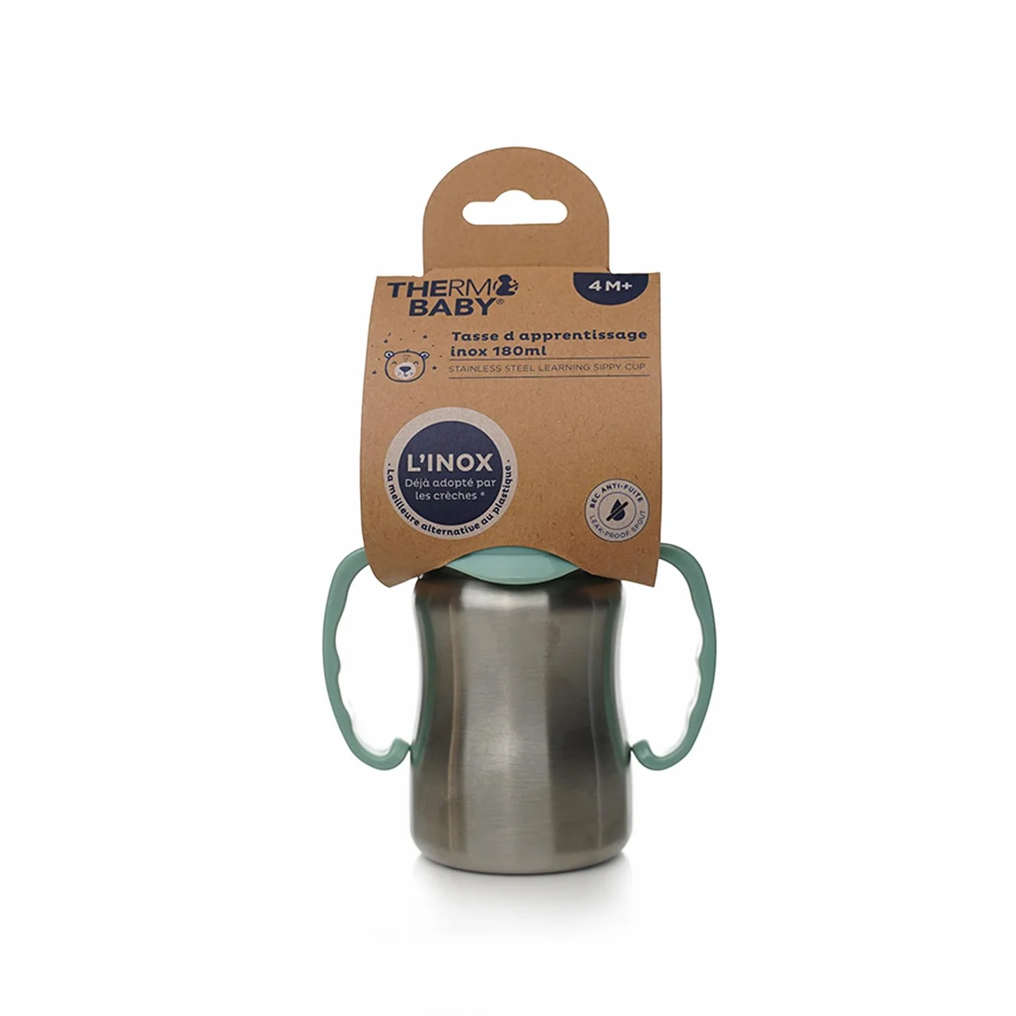 THERMOBABY Tasse En Inox Bébé Avec Anses Et Tétine Silicone Anti-Fuites 180 ml Vert Cactus
