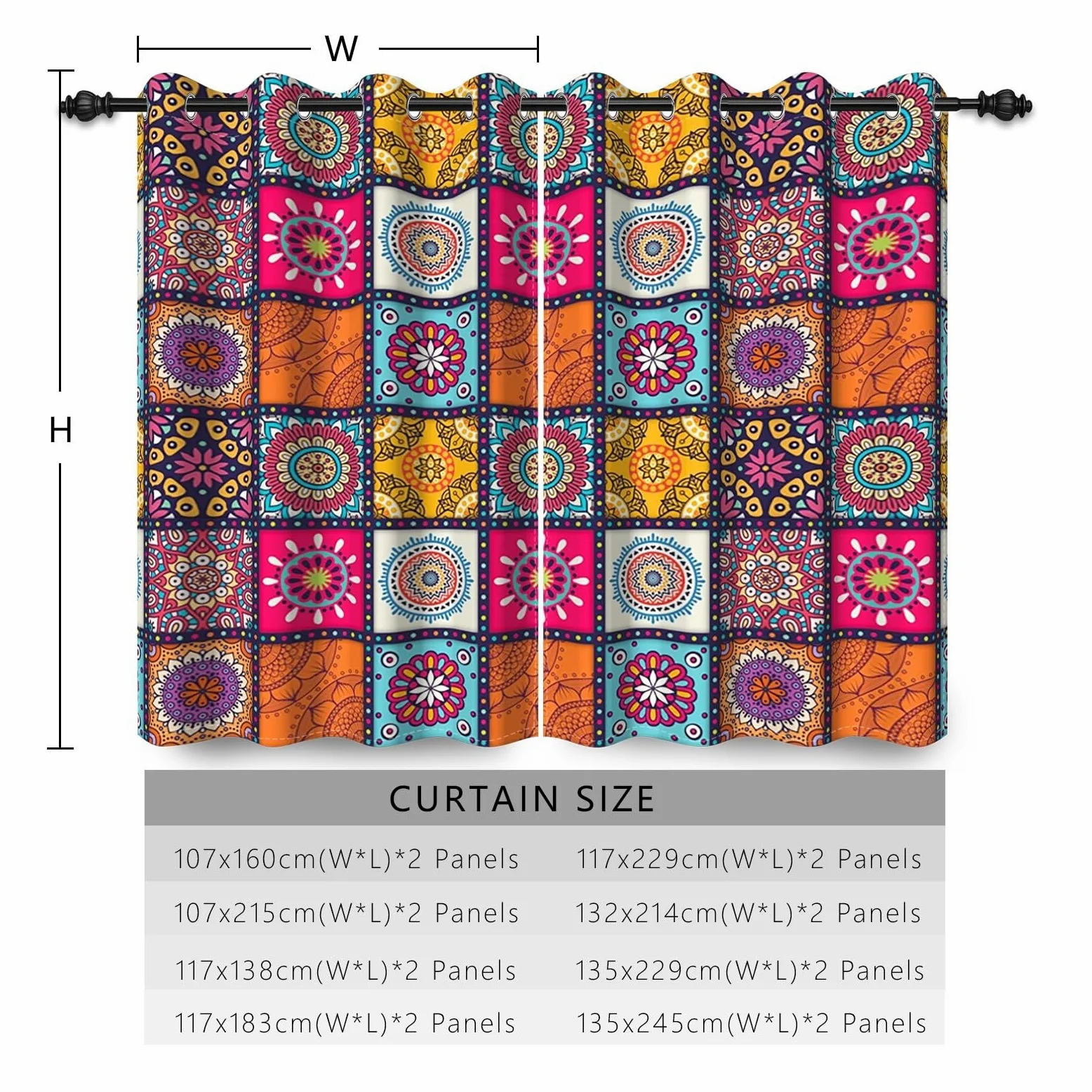 135x245cm Boho Patchwork Rideau à œillets Multicolore Mandala Abstrait Marocain Motif Isolant Thermique Œillets Occultant Rideaux pour fenêtres Chambre Salon Cuisine,2 Panneau