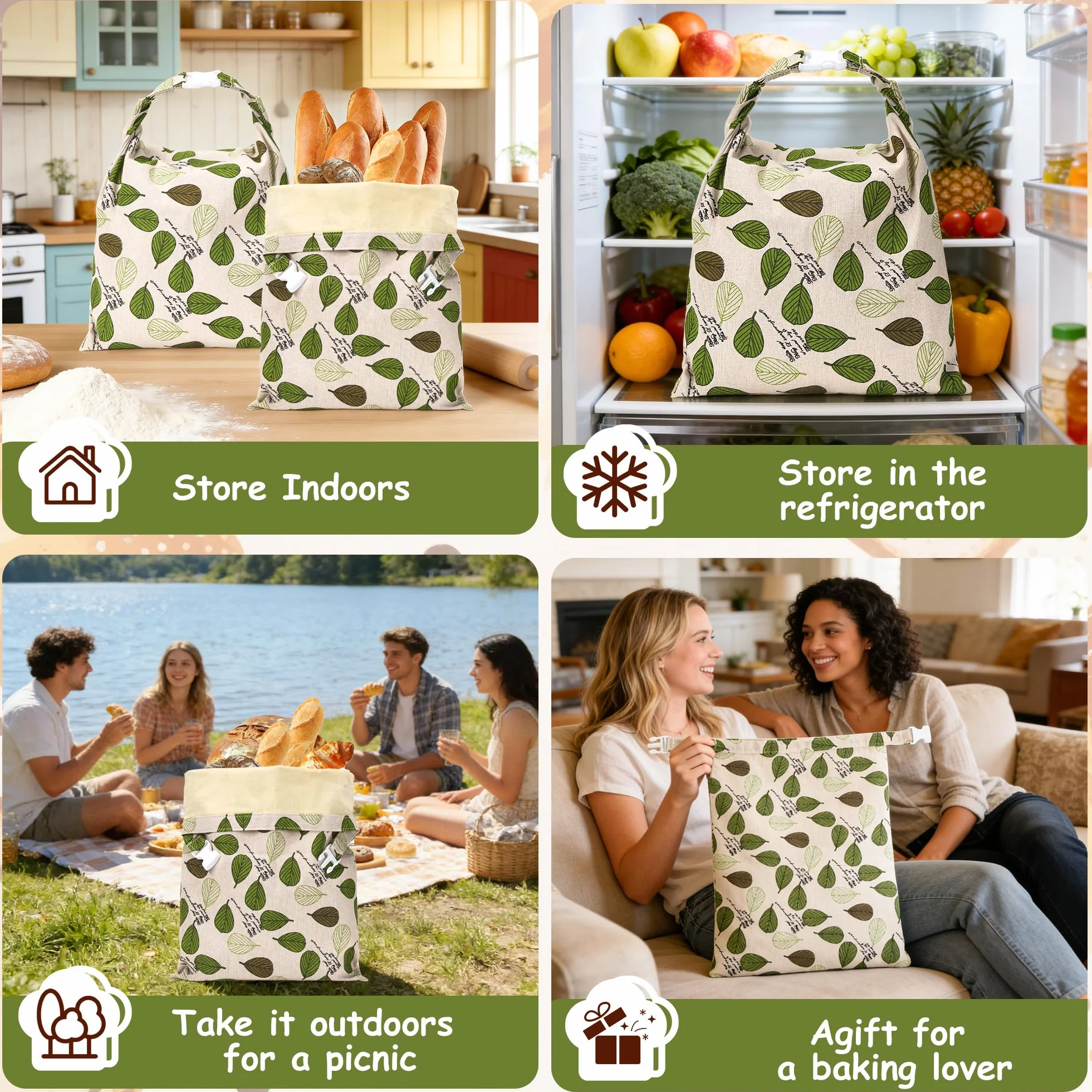 Sacs à Pain en Cire D'abeille 43 x 33 cm Lot de 2, Coton Bio Réutilisable, Conservation Pain Frais