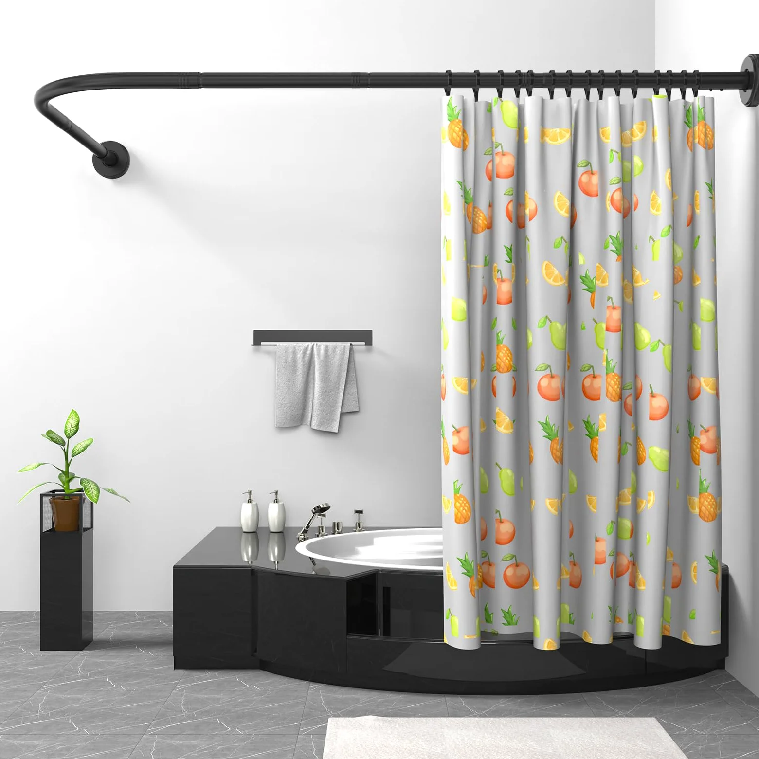 Tringle à Rideau de Douche L Forme, Barre De Douche Angle en Acier Inox, 75x170 cm Barre Rideau Douche Noir Réglable avec Anneaux, pour Salle de Bain Baignoire Vestiaire