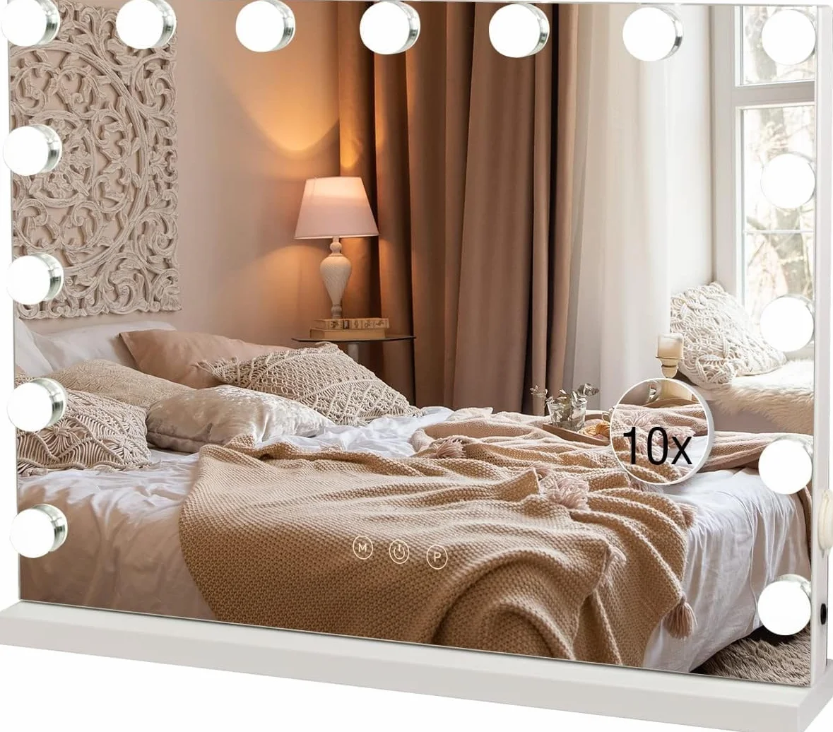 Miroir Maquillage Hollywood Lumineux LED 15 Lumières Dimmables 58x45cm Contrôle Tactile 2 Couleurs Montage Mural Blanc