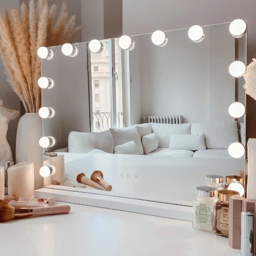 Miroir Maquillage Hollywood Lumineux LED 15 Lumières Dimmables 58x45cm Contrôle Tactile 2 Couleurs Montage Mural Blanc