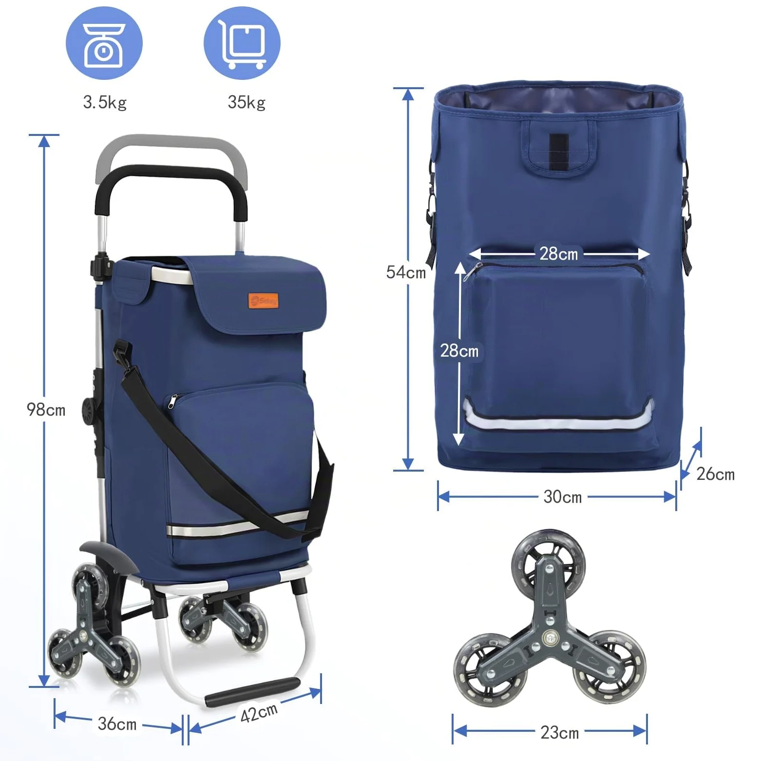 Sekey Chariot de Courses 3 Roues Monte Escalier Pliable 3 en 1, Caddie Isotherme avec Sac Amovible, Diable et Trolley, Grande Capacité, Léger et Solide, Idéal Courses et Seniors – Bleu