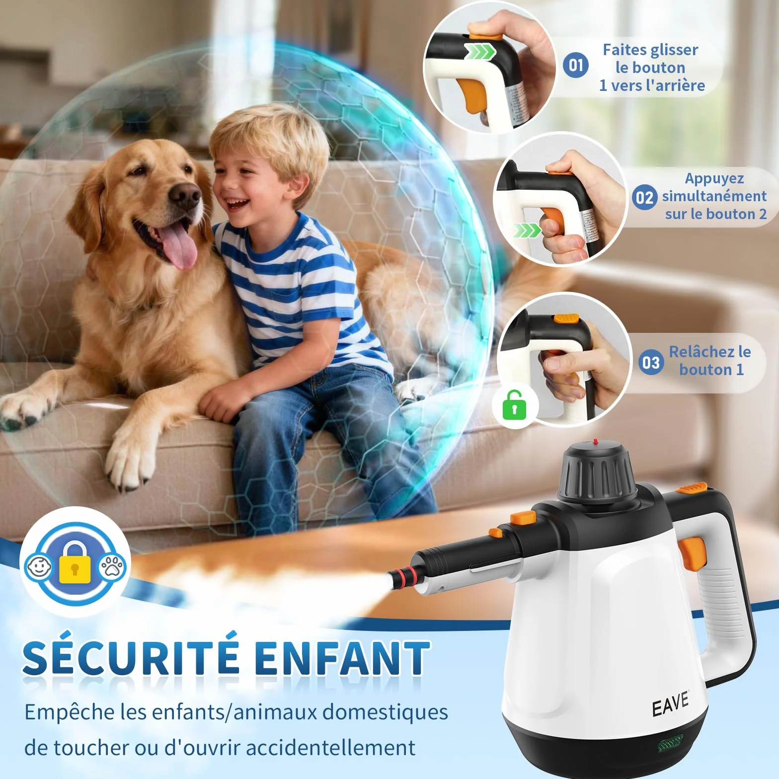 Nettoyeur Vapeur Portable 110℃ Vaporetto 10 Accessoires Câble 5m Blanc