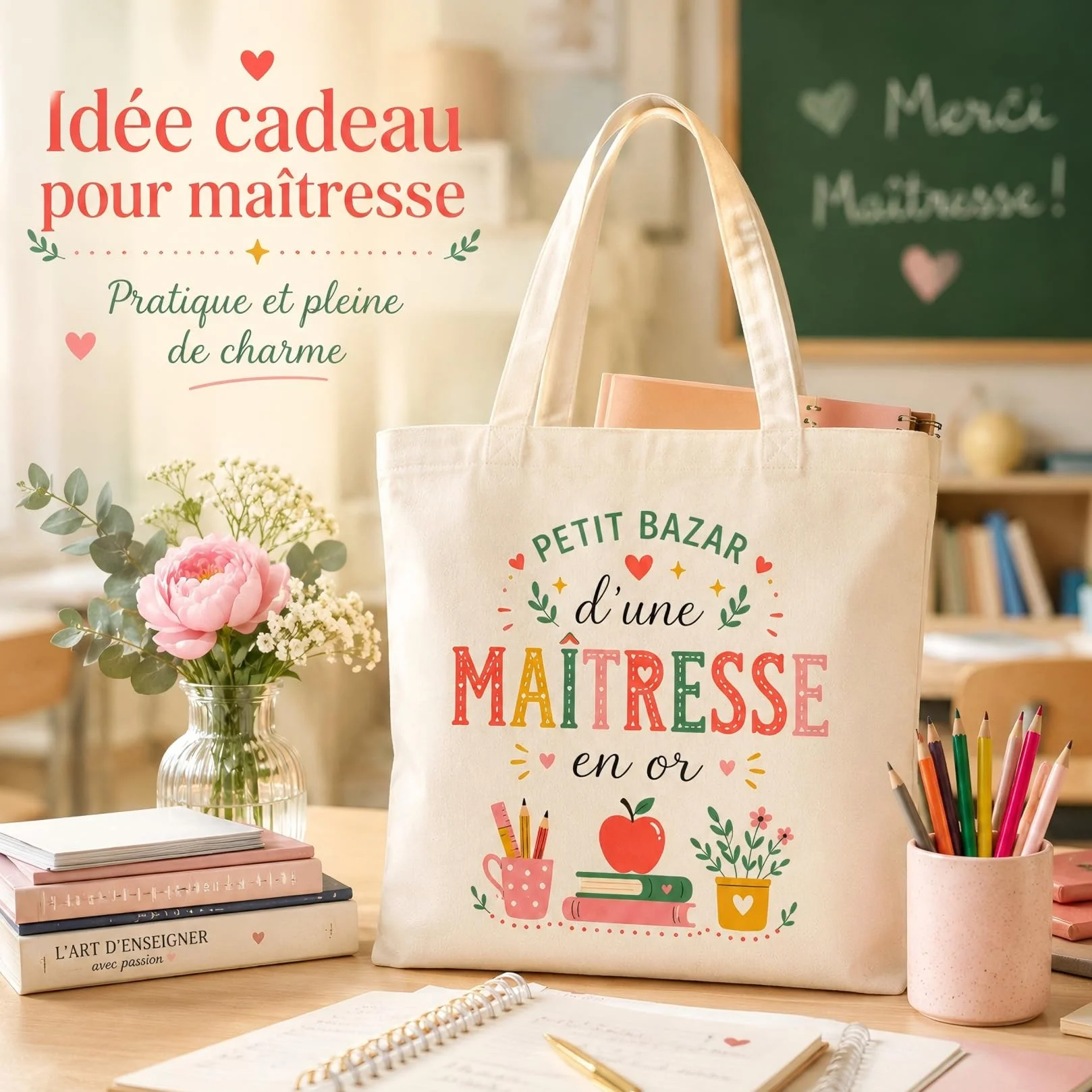 Tote Bag Cadeau Maîtresse d'École Original Joyeux Noël Sac Cabas Fin d'Année