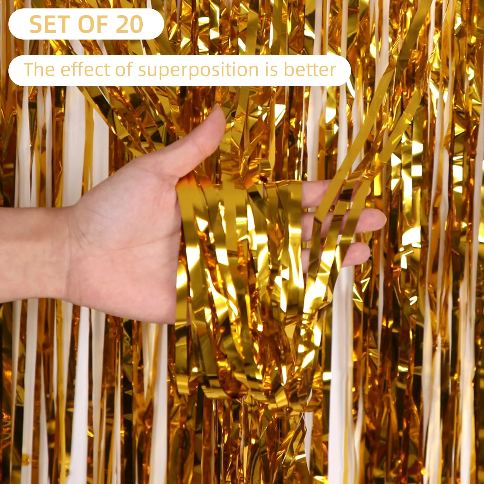Lot de 20 rideaux à franges en feuille d'aluminium métallique pour décoration de fête d'anniversaire, cabine photo, 1 x 2,5 m (doré)
