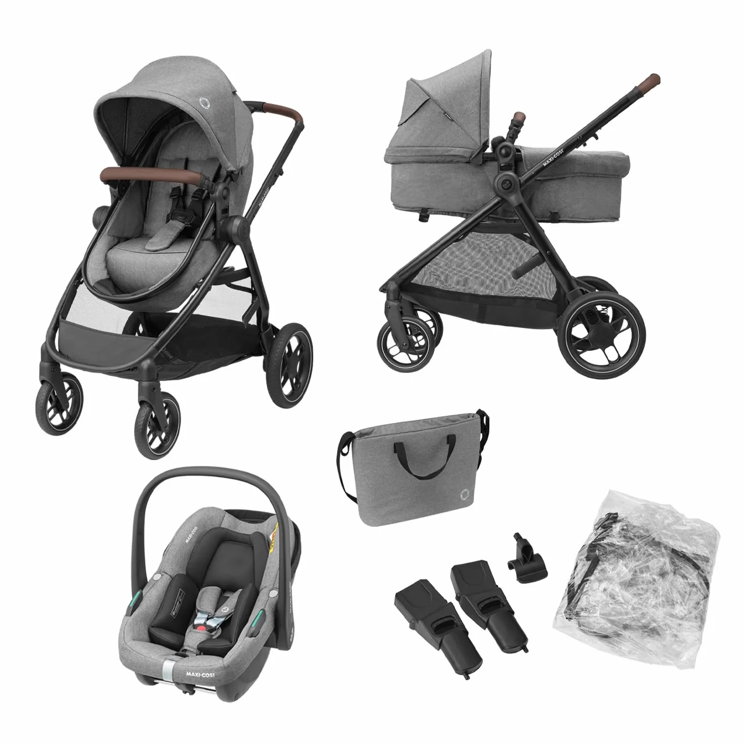Maxi-Cosi Zelia S Trio Poussette 3 en 1, 0-4 Ans, 22 kg, Pliable, Compacte, avec CabrioFix S i-Size, Gris
