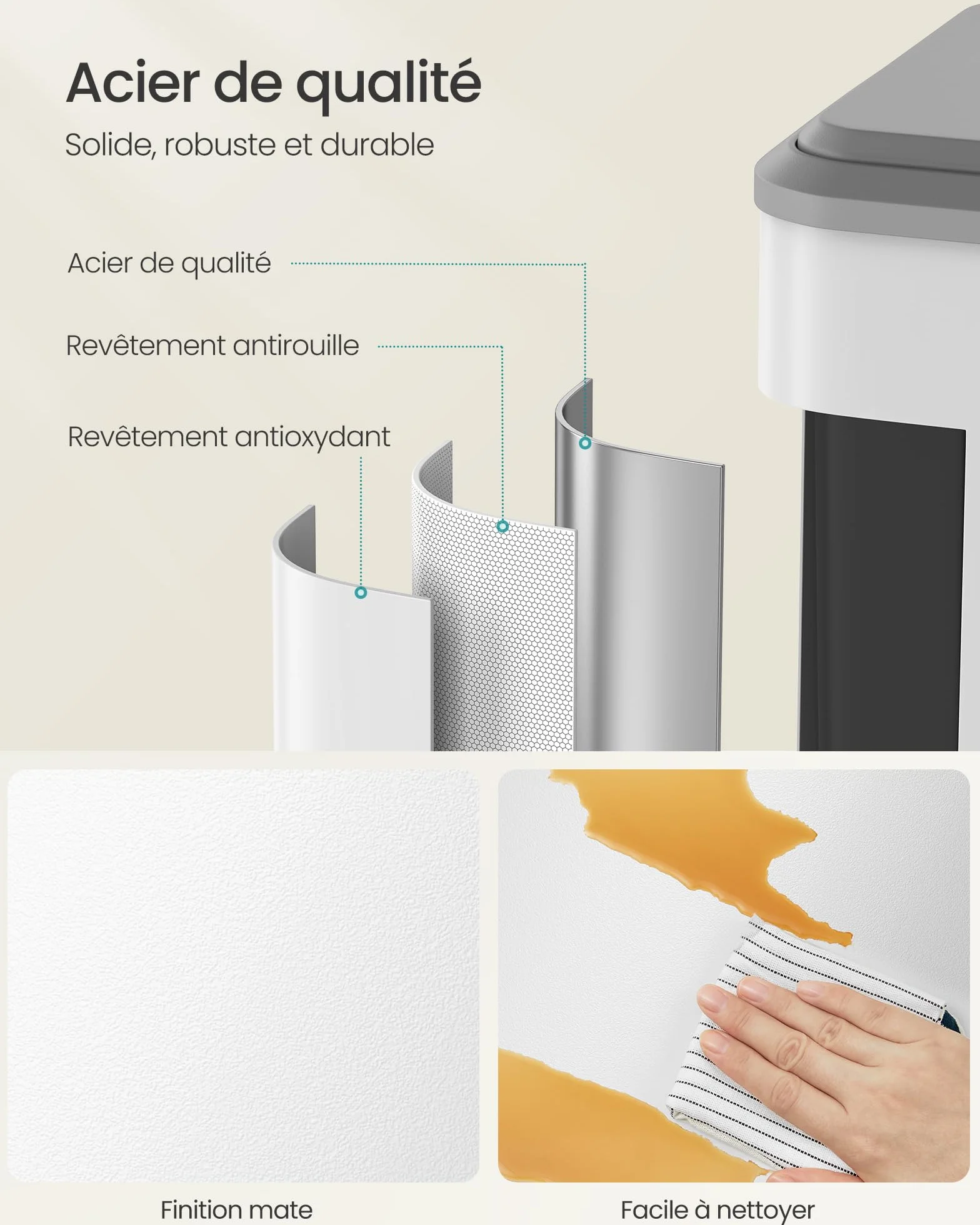 SONGMICS Poubelle de Cuisine Double 2x15L Recyclage Déchets Ménagers Acier Fermeture Douce Pédale Blanc