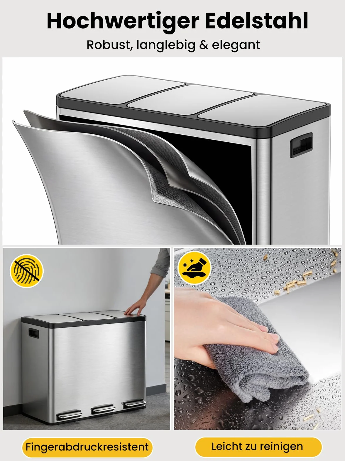 Poubelle Cuisine 54L Inox 3 Compartiments Tri Sélectif à Pédale Soft Close