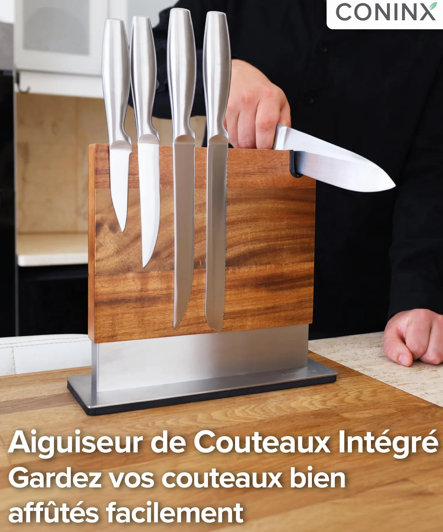 Coninx Bloc à Couteaux Magnétique avec Aiguiseur intégré – Porte-couteaux Aimanté Double Face en Bois d’Acacia