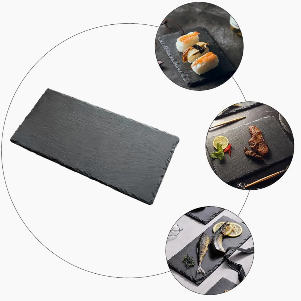 Assiettes à Sushi Isothermes 2 Pièces en Ardoise Noire | Réutilisables, Faciles à Nettoyer, Format Polyvalent pour Sushis et Steaks