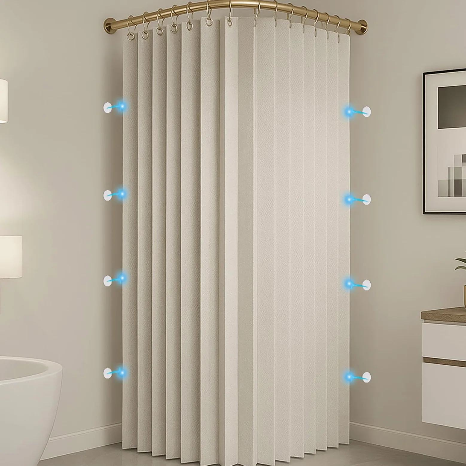 Rideau de Douche Anti Moisissure en Tissu, Beige, 240x200cm | Imperméable Lavable avec Crochets, Rideau de Douche d'angle Pliable Aimantée pour Salle de Bain, 230 g/m²