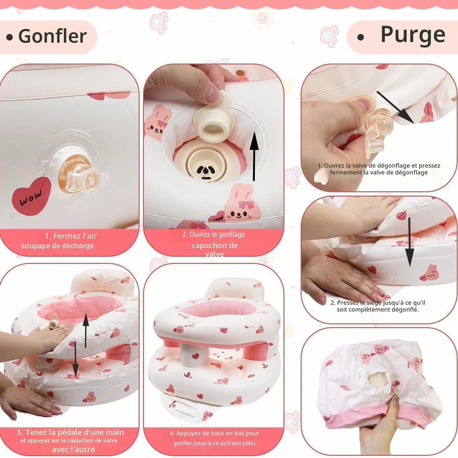 Siège Gonflable Bébé 3 Mois+ Chaise Gonflable avec Pompe Intégrée Lapin