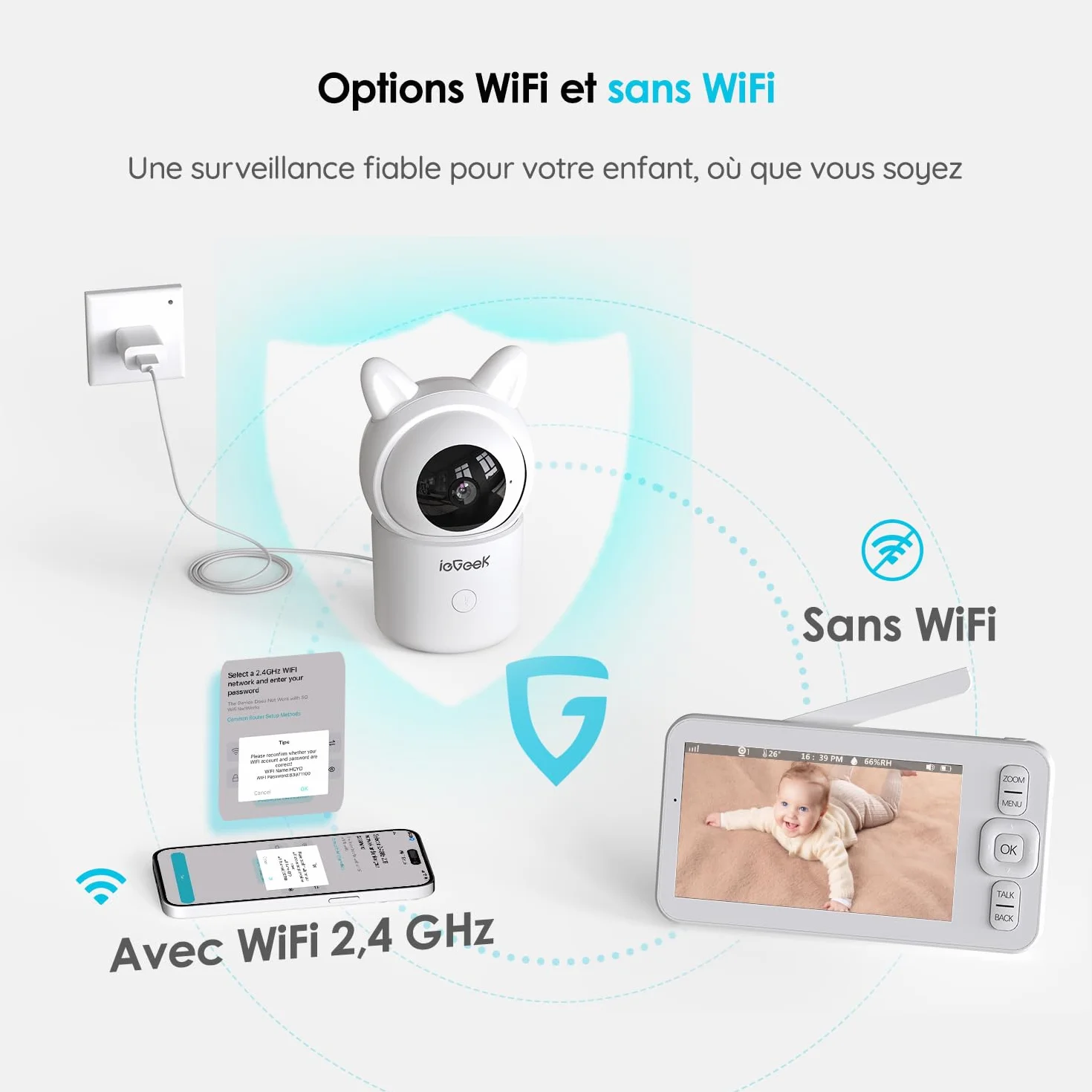 ieGeek Babyphone Caméra 1080P 5" PTZ 355° Visiophone avec Alertes Intelligentes Vision Nocturne Suivi Automatique