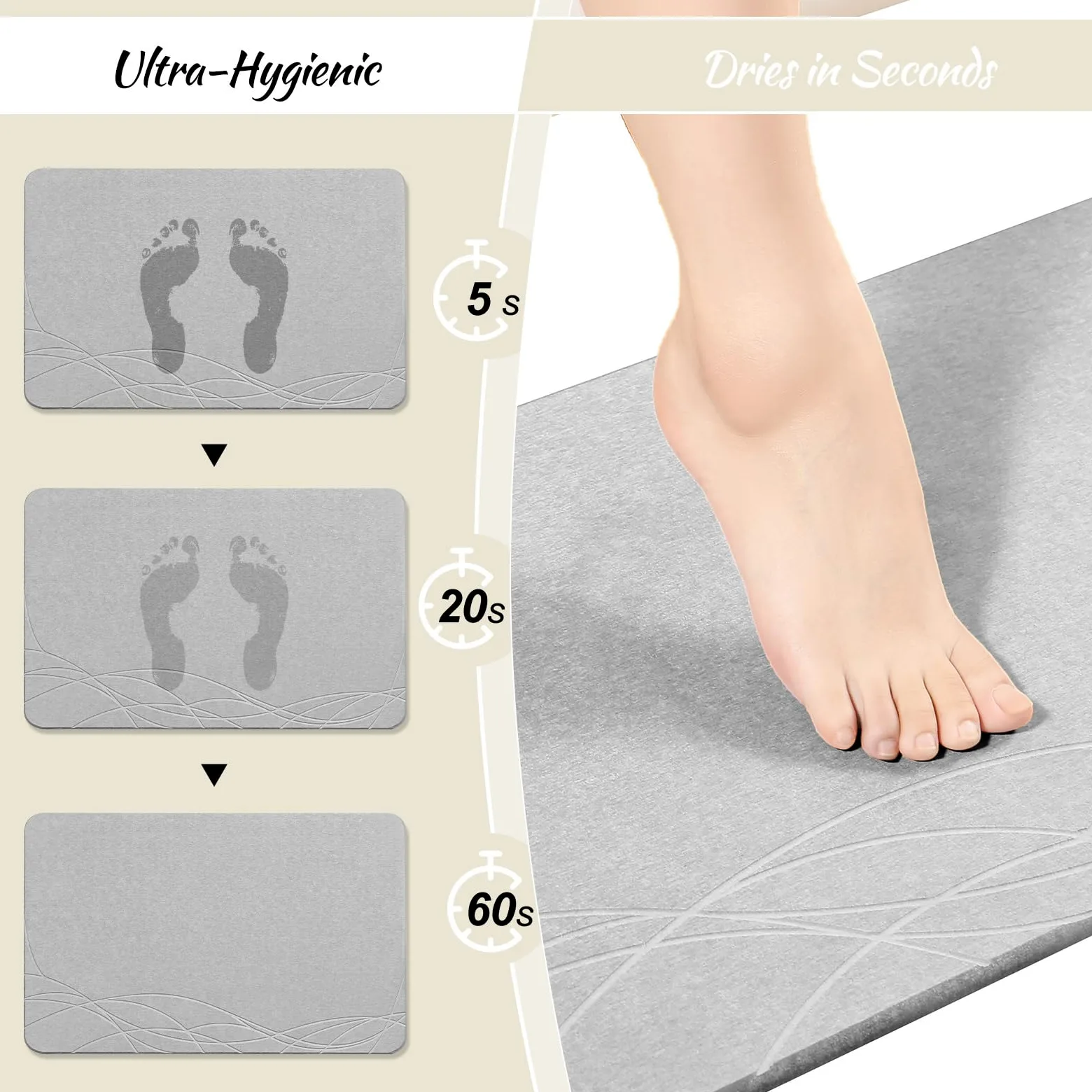 Tapis de bain en pierre super absorbant, terre de diatomée naturelle, 60 x 39 cm, antidérapant, séchage rapide