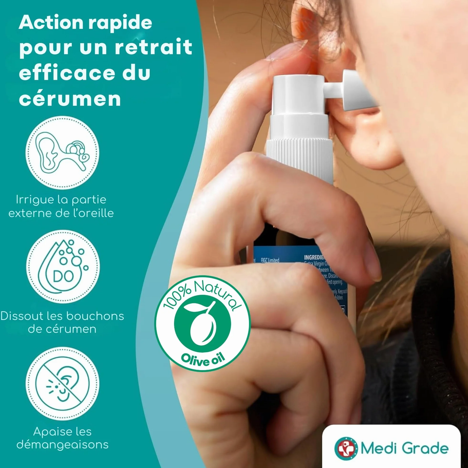 Medi Grade Spray d'Huile d'Olive pour Oreilles Bouchées 20ml – Nettoyant Auriculaire 100% Naturel