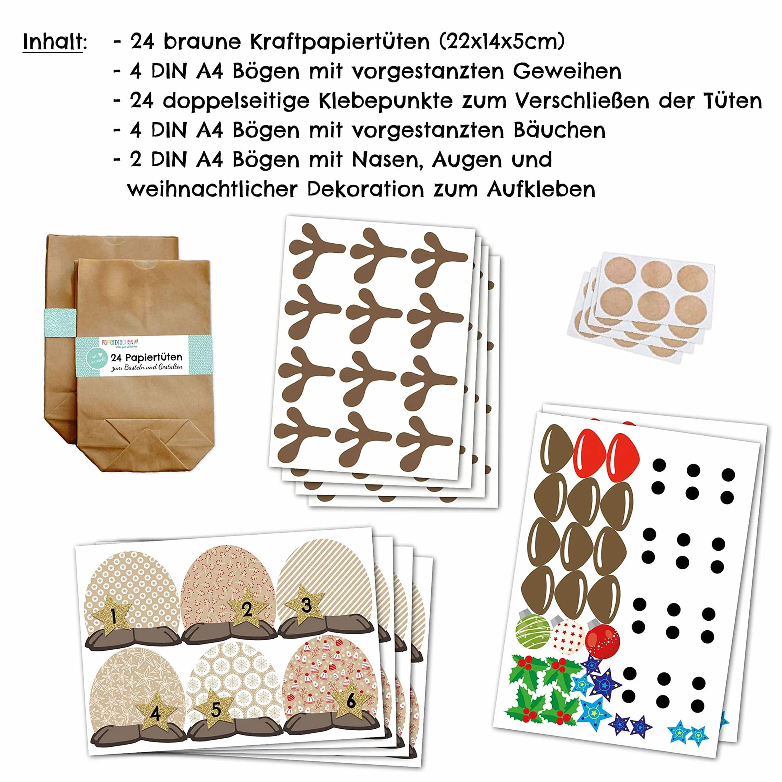 Papierdrachen Calendrier de l'Avent à remplir - Renne au Ventre Brun - 24 Sacs à Personnaliser - Noël pour Enfants