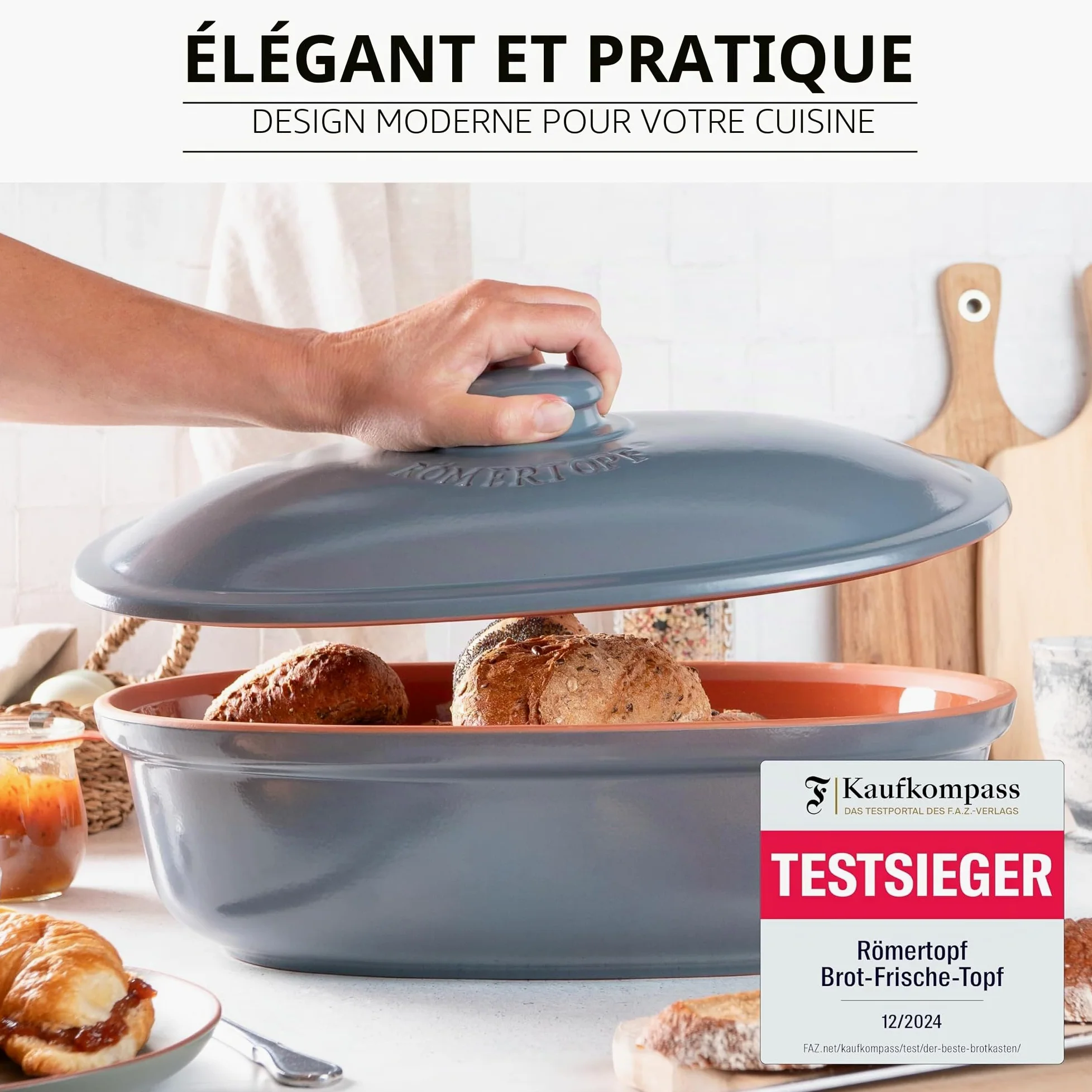 Römertopf Pot à pain en céramique naturelle, idéal pour ranger le pain et les pâtisseries 30x21x14,5 cm bleu-gris