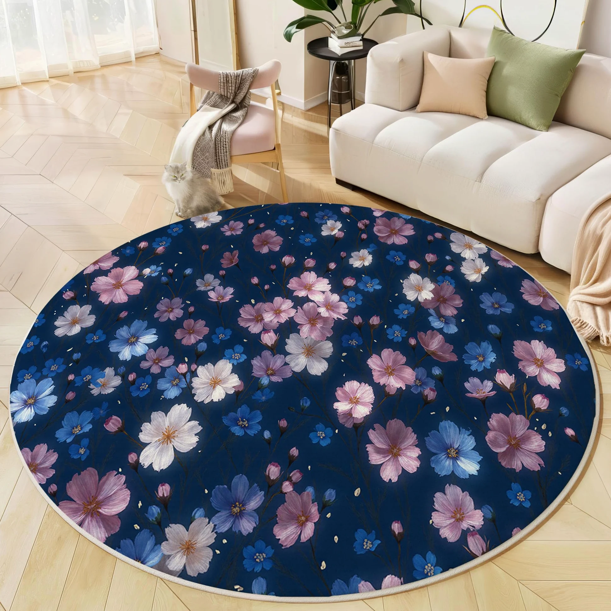 Tapis Rond Fleurs Printanières Romantiques Ciel Étoilé Végétal - Moquette Lavable Poils Courts Doux Antidérapant Pour Chambre À Coucher Salon Vestibule Entrée Chambre D'Enfant, Bleu Marine 100 Cm