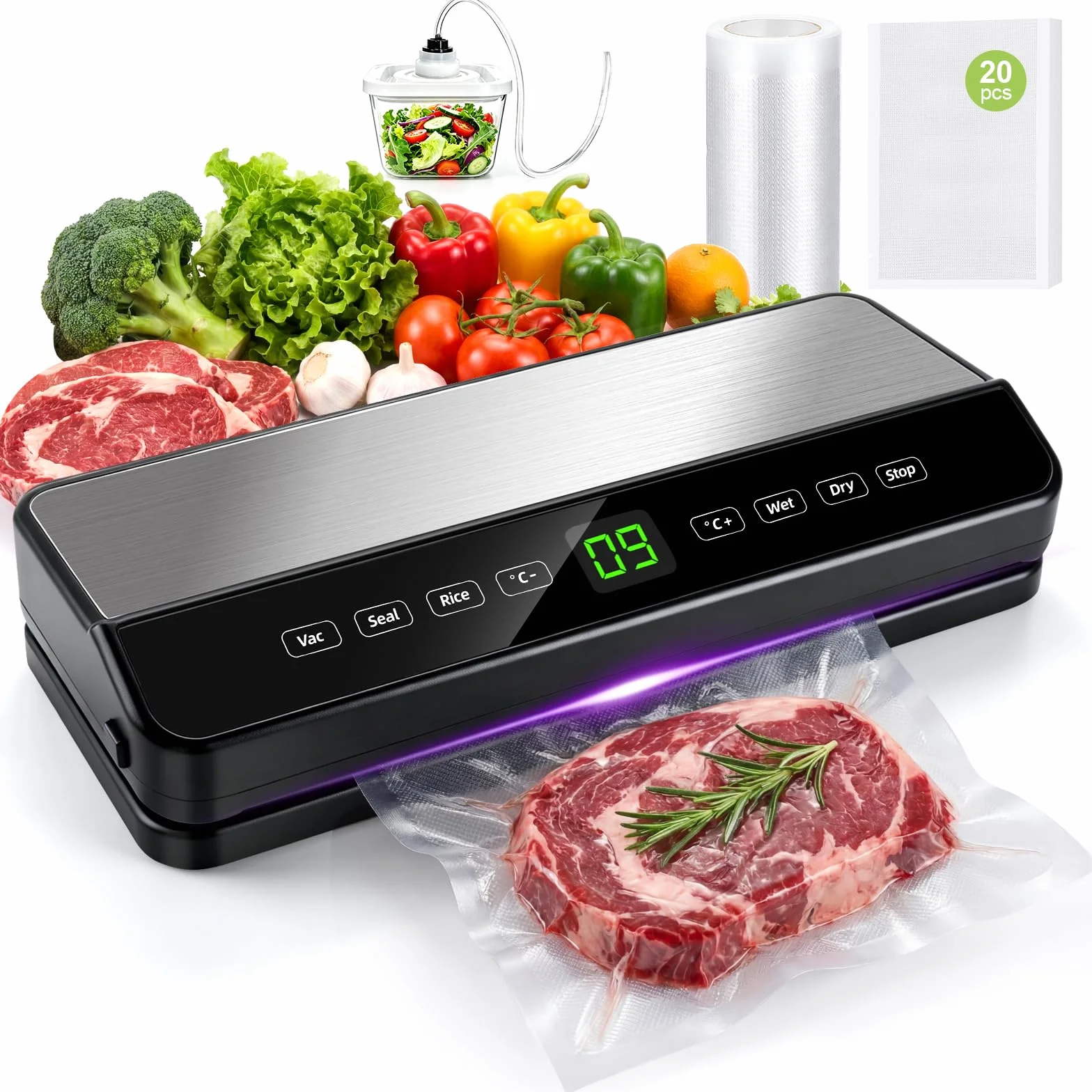 Machine Sous Vide Alimentaire Automatique, Appareil Professionnel avec Cutter Intégré, 20 Sacs, 1 Sac Enroulable et Tube