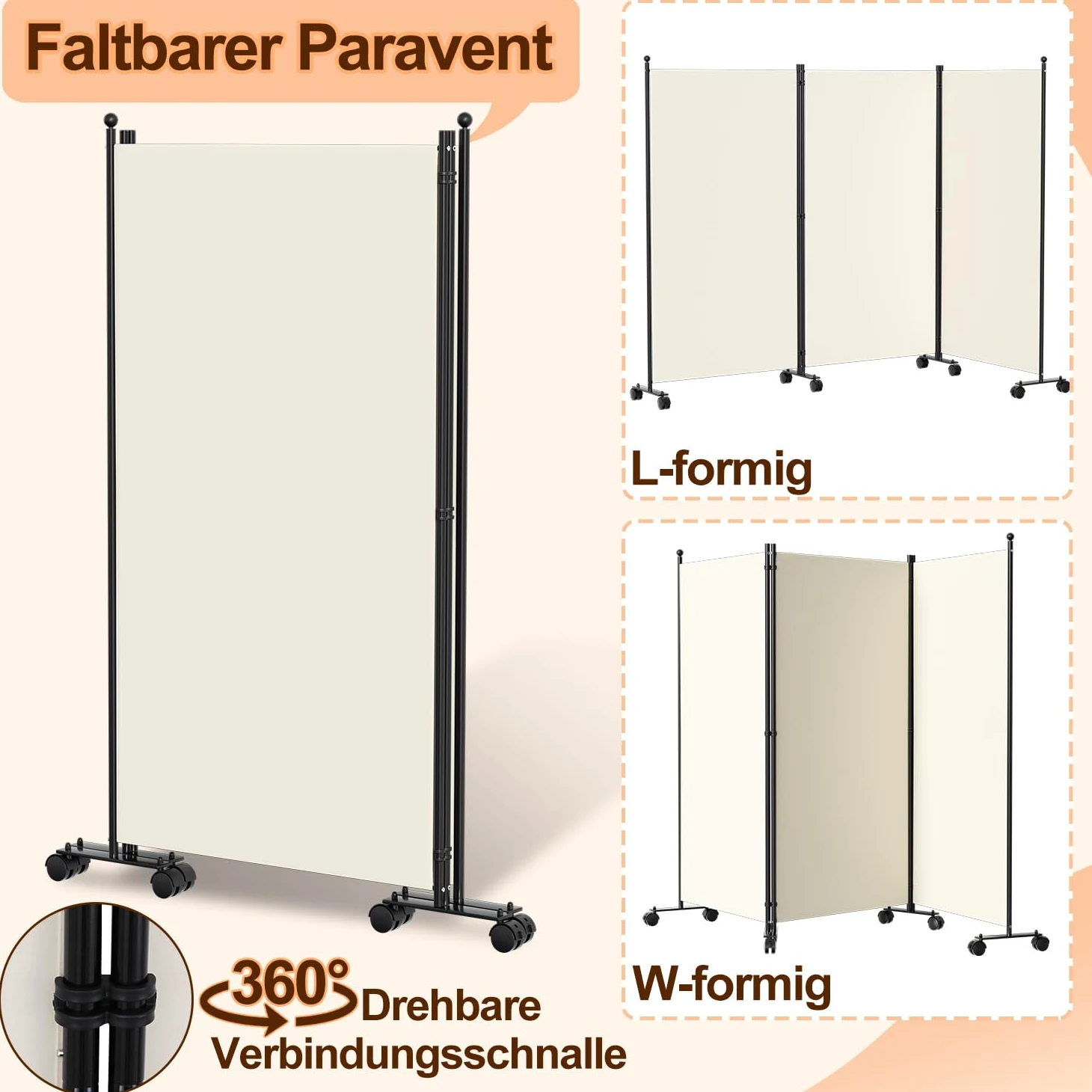 Paravent séparateur de pièce, pliable, autonome, en 5 parties, sur roulettes, brise-vue, cloison pour jardin, bureau, terrasse, 284 x 181 x 30 cm, blanc