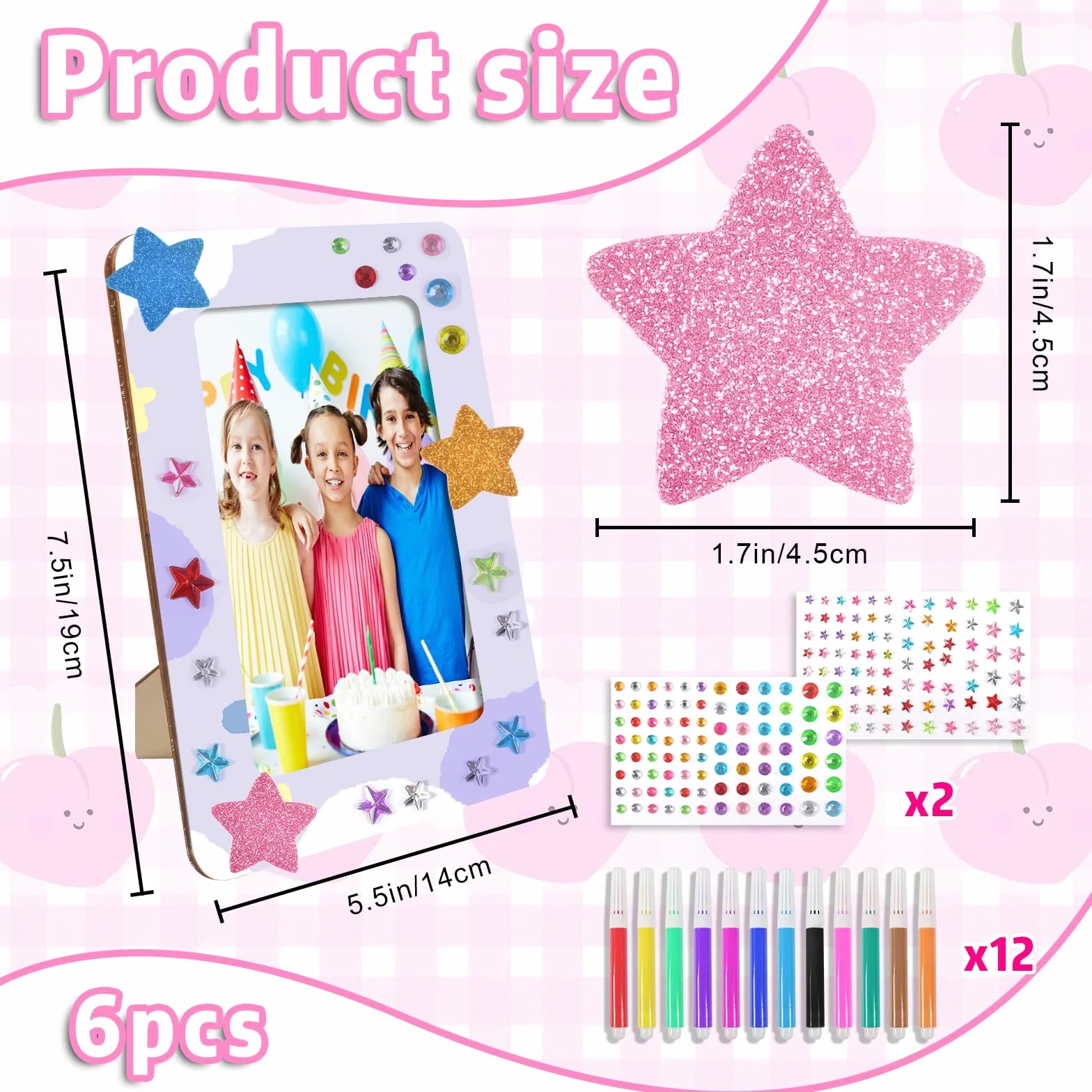 DIY Cadre Photo pour Enfant 6 Pièces Kits en Bois 15 x 20 cm avec Autocollant Diamant et Crayons