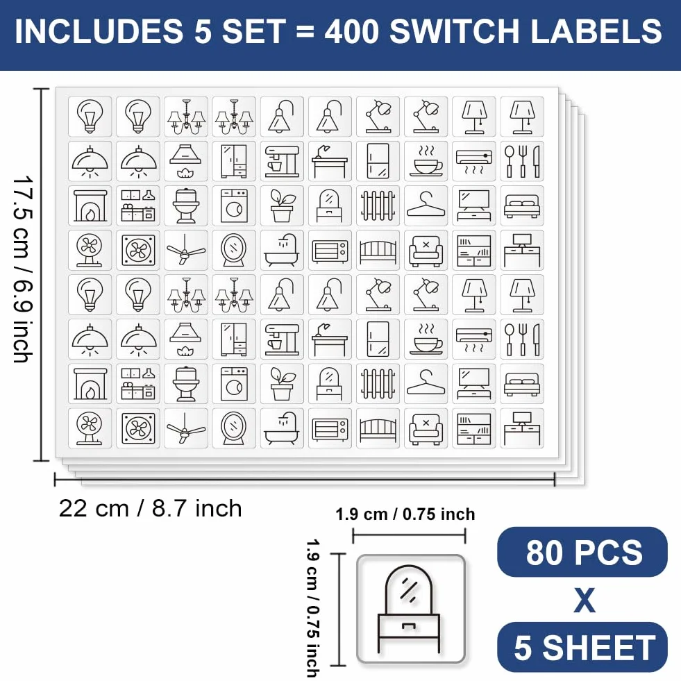 Étiquettes Autocollantes pour Interrupteur 34 Modèles Noir 19x19mm Tableau de Distribution Maison