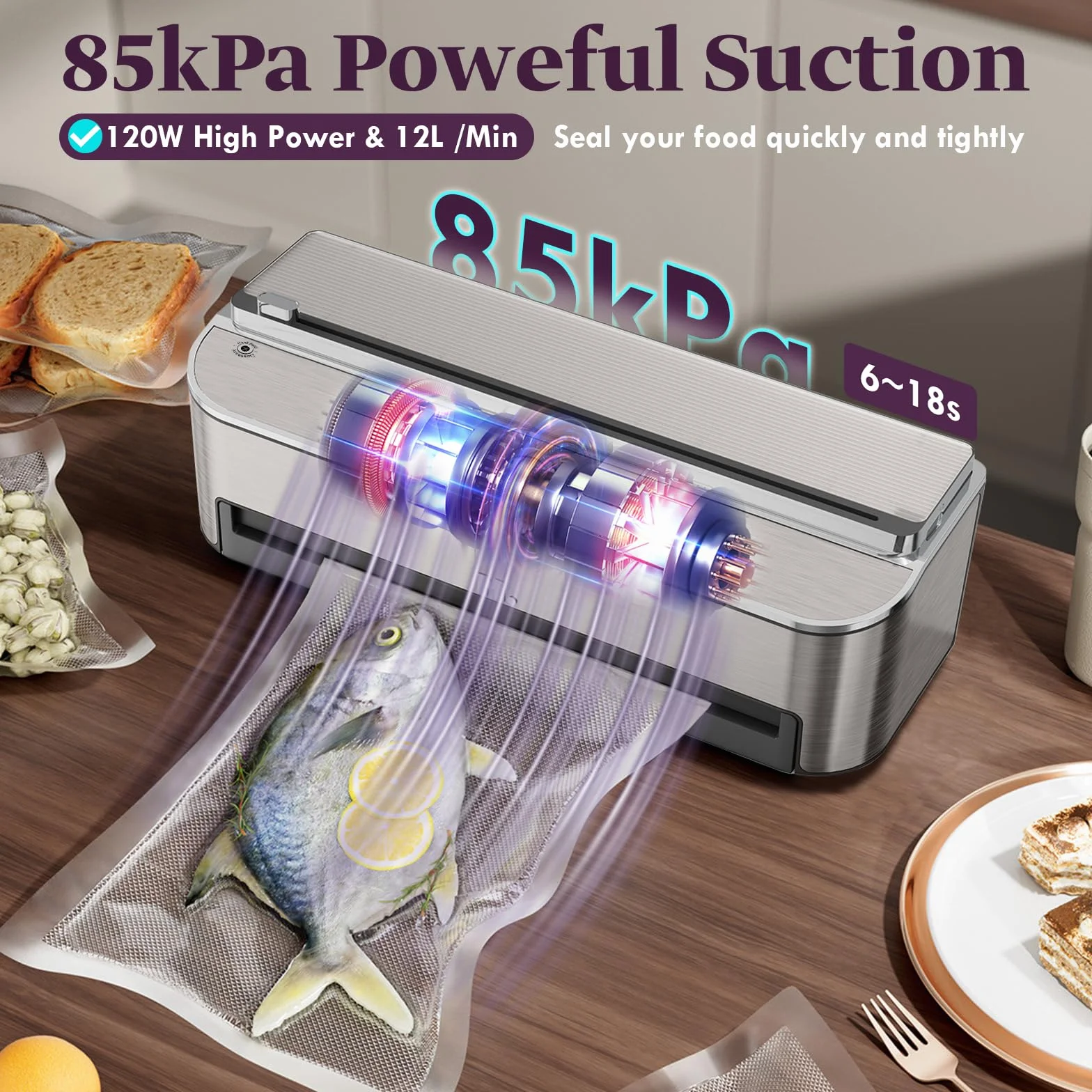 Machine Sous Vide Alimentaire 85 kPa 120 W, Système D'étanchéité Puissant, Cutter Intégré, Rangement de Sacs, Mode Humide, 2 Rouleaux de Sac, Acier inoxydable