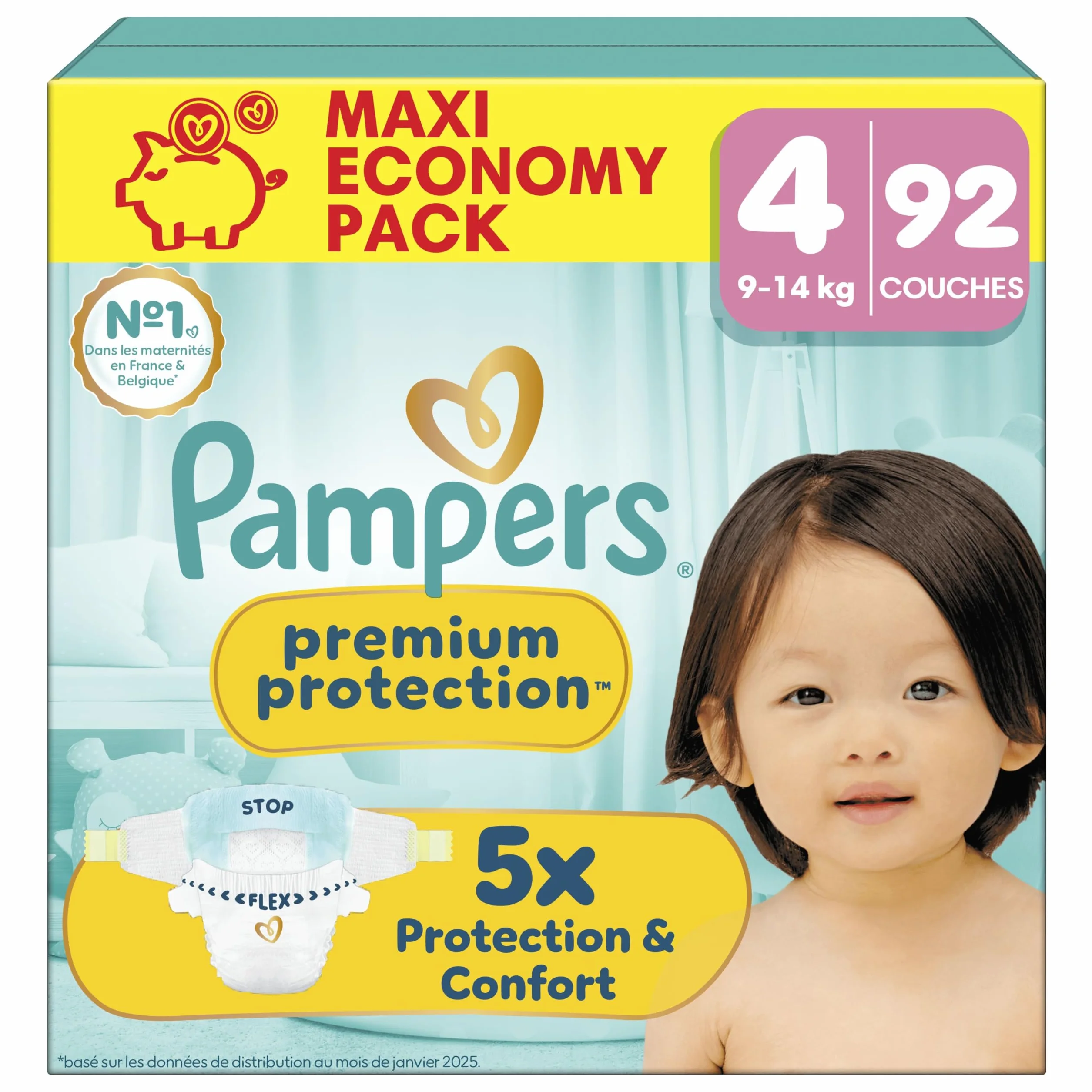 Pampers Premium Protection Taille 4, 92 Langes, 9kg-14kg