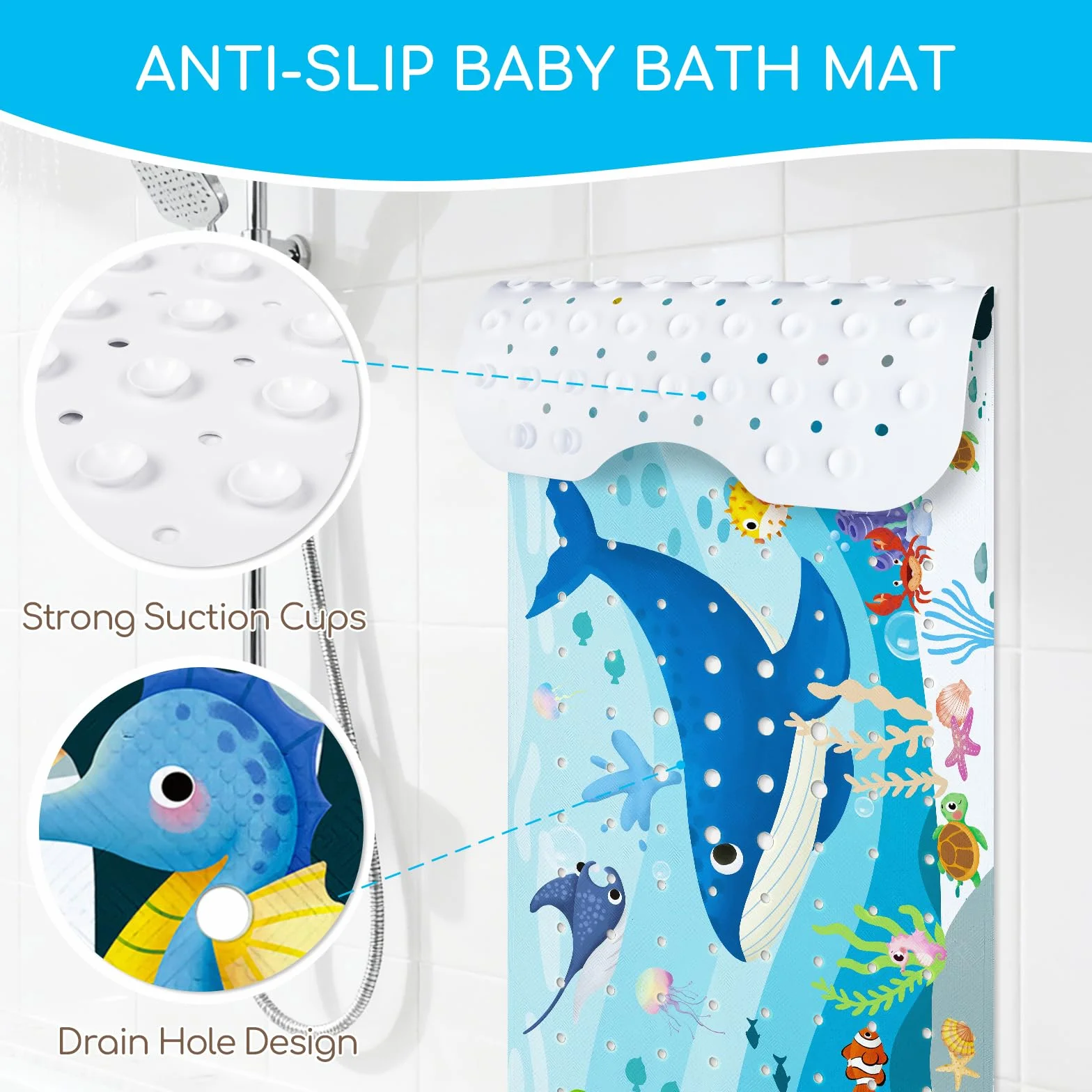 Tapis de Bain Antiderapant Baignoire Bebe 100x40 cm PVC sans BPA Lavable en Machine Baleine