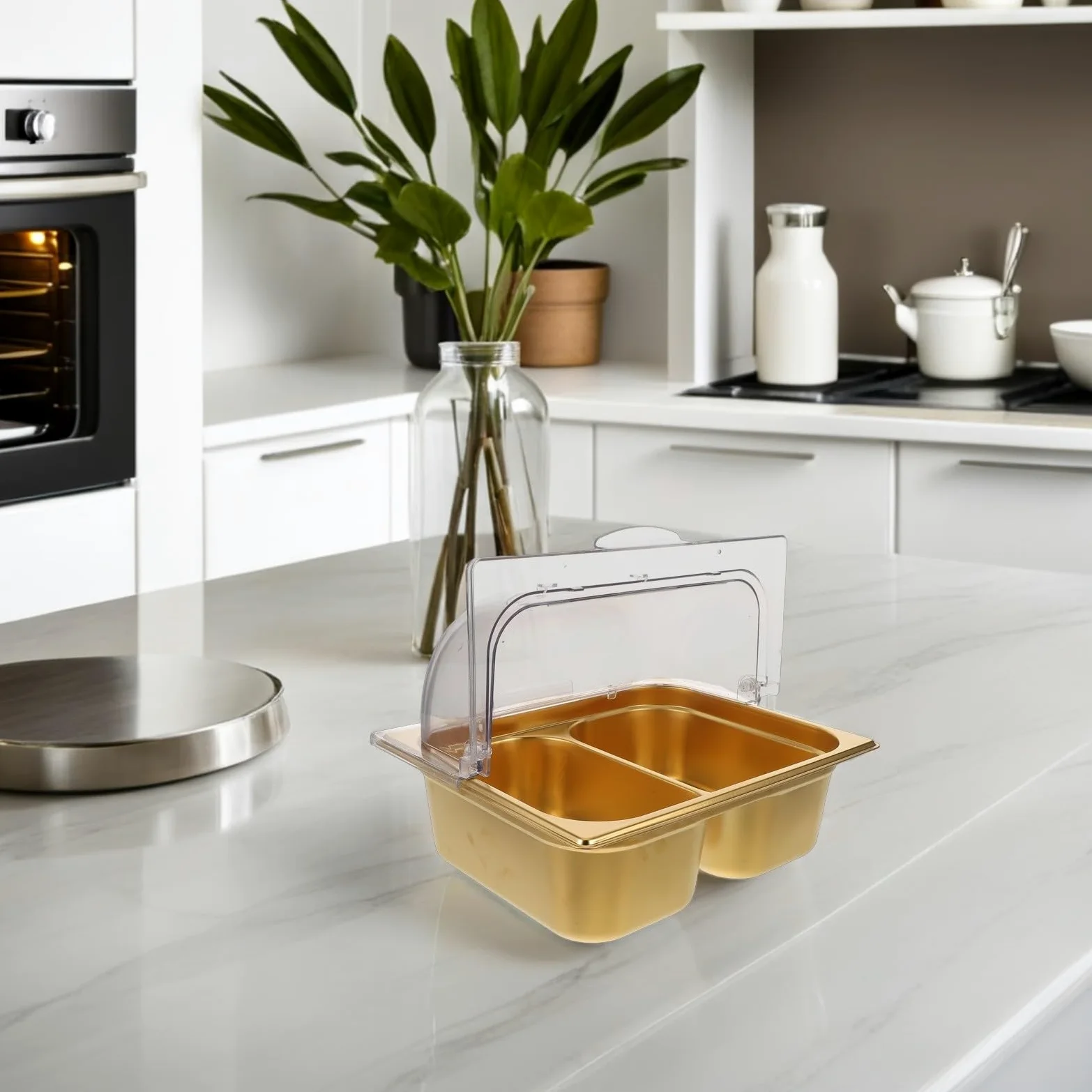 Plat de Service en Acier Inoxydable Double Compartiment pour Buffet | Finition Or, Séparation des Aliments, Nettoyage Facile, Usage Traiteur Cuisine Professionnelle