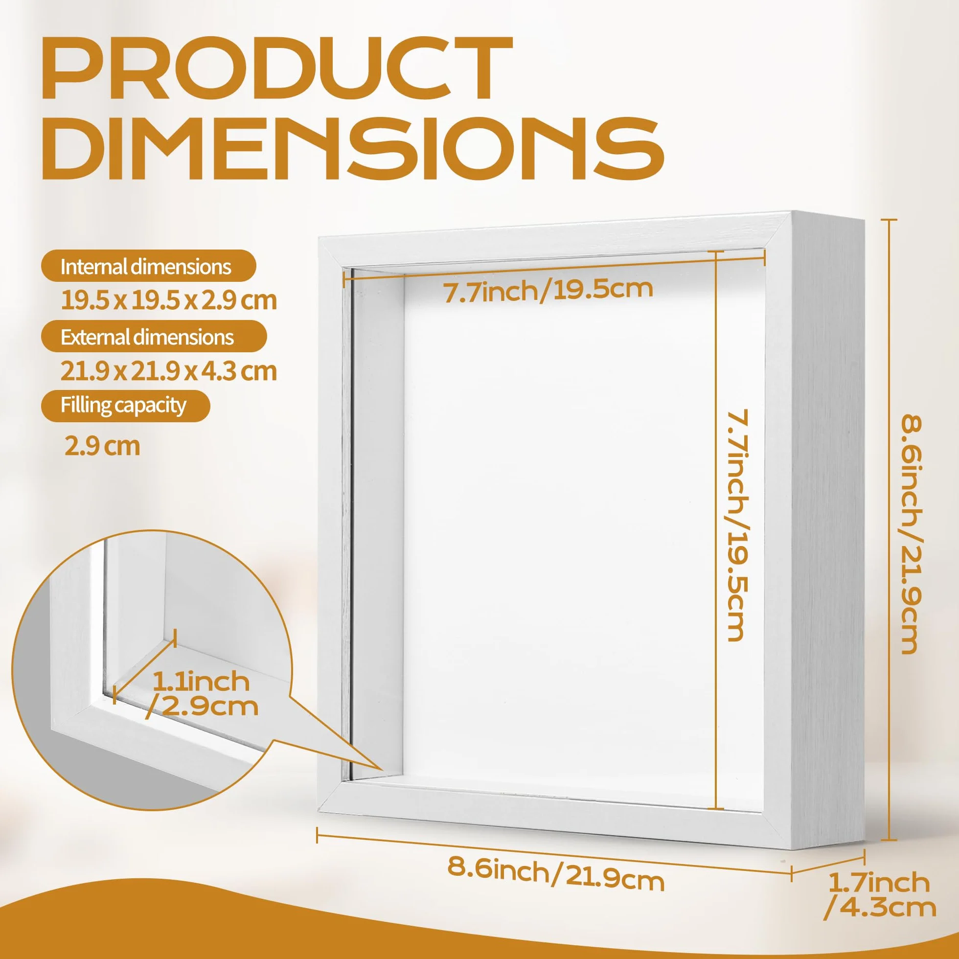 Cadre 3D Profond 20x20 cm en Bois avec Vitre pour Objets DIY Bouquets Spécimens Coquillages