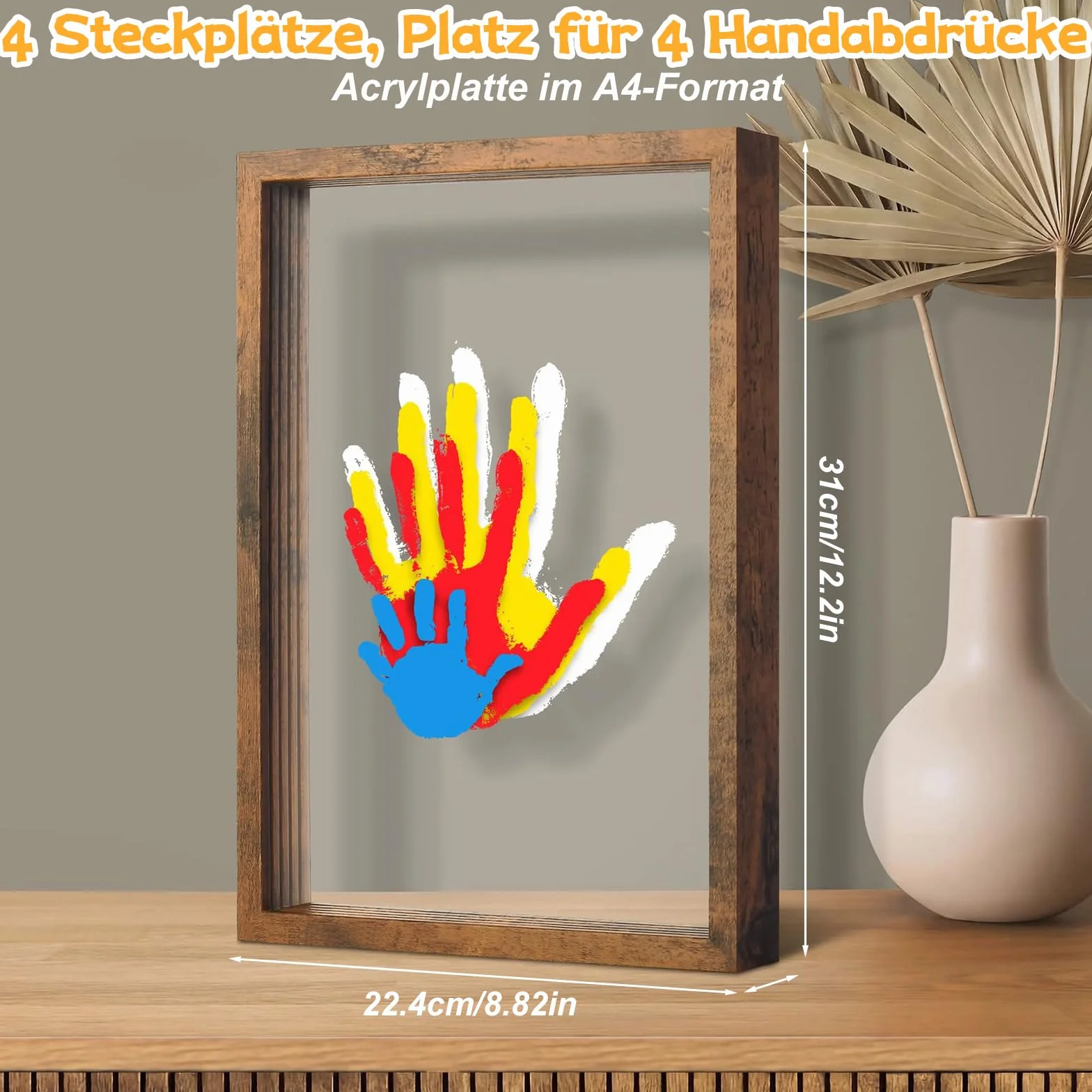 Kit Empreintes Bébé Mains & Pieds, Grand Cadre Bois 31 x 22,4 cm, Peintures Non Toxiques, Cadeau Naissance