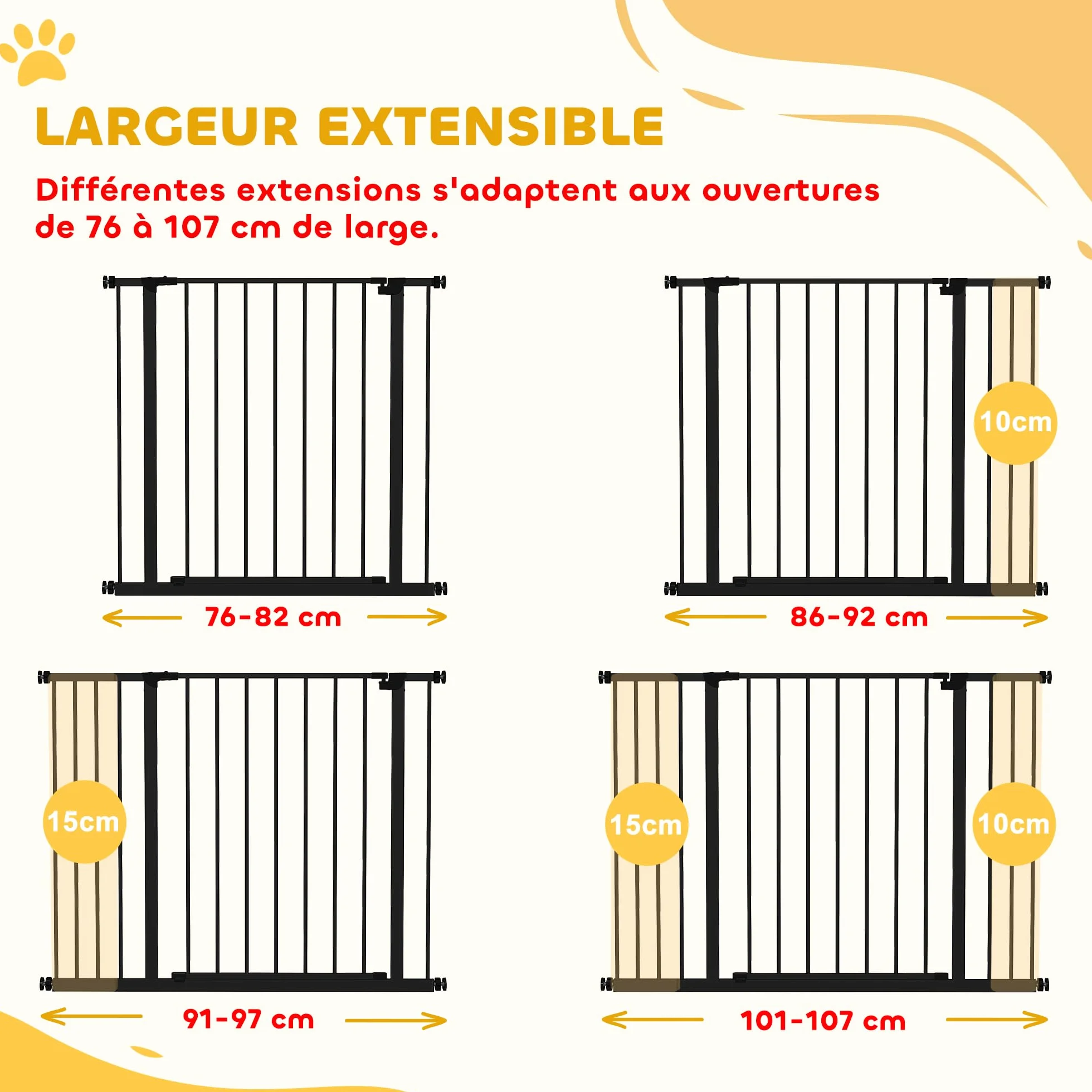 PawHut Barrière de sécurité réglable 76-107 cm hauteur 76 cm sans perçage métal noir