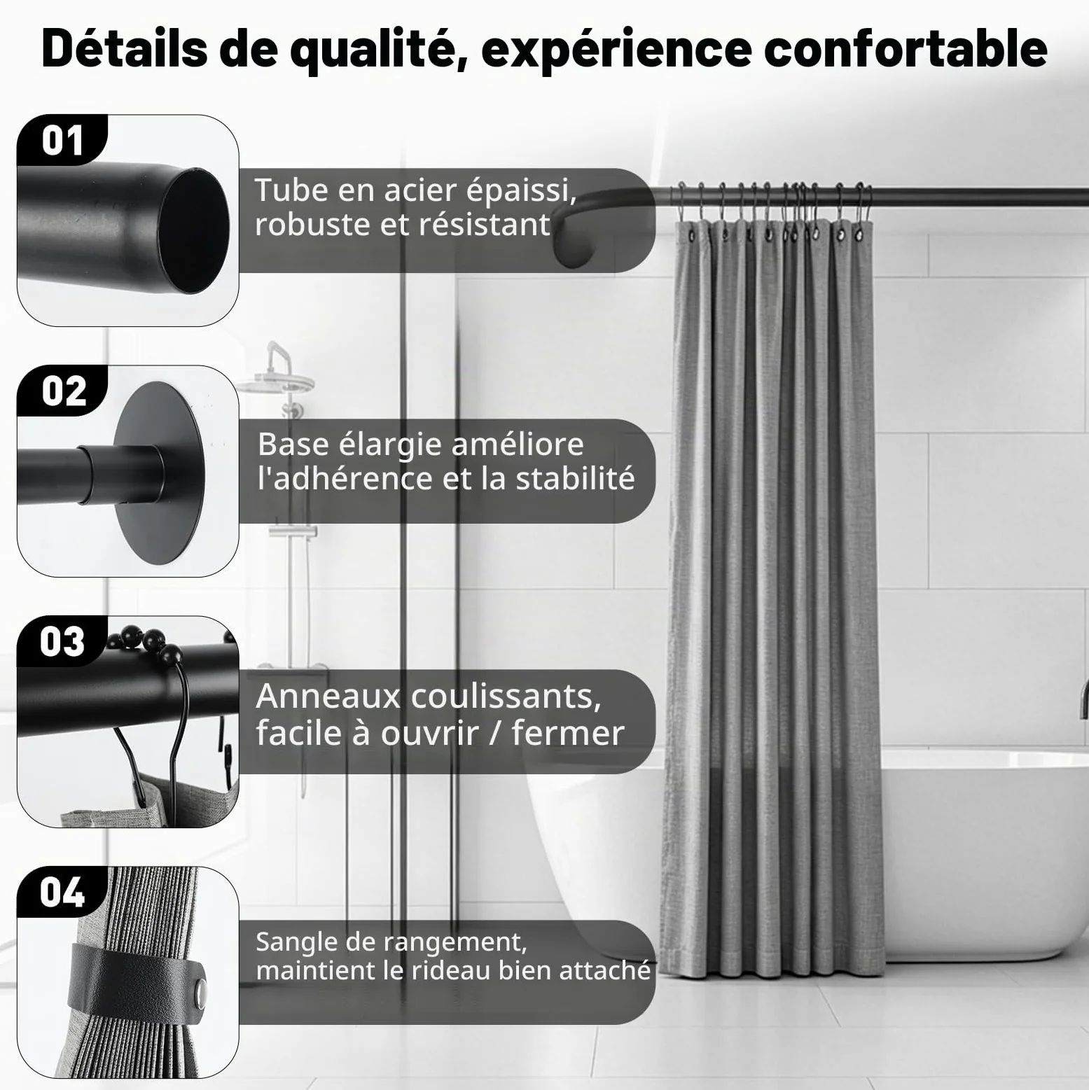 Tringle Douche en U Sans Perçage, Barre Extensible avec Kit Rideau Douche | Kit Complet avec Rideau Douche Imperméable, Anneaux et Colle Sans Clou pour Douche d'angle, Petites Salles de Bain, Vestiaire