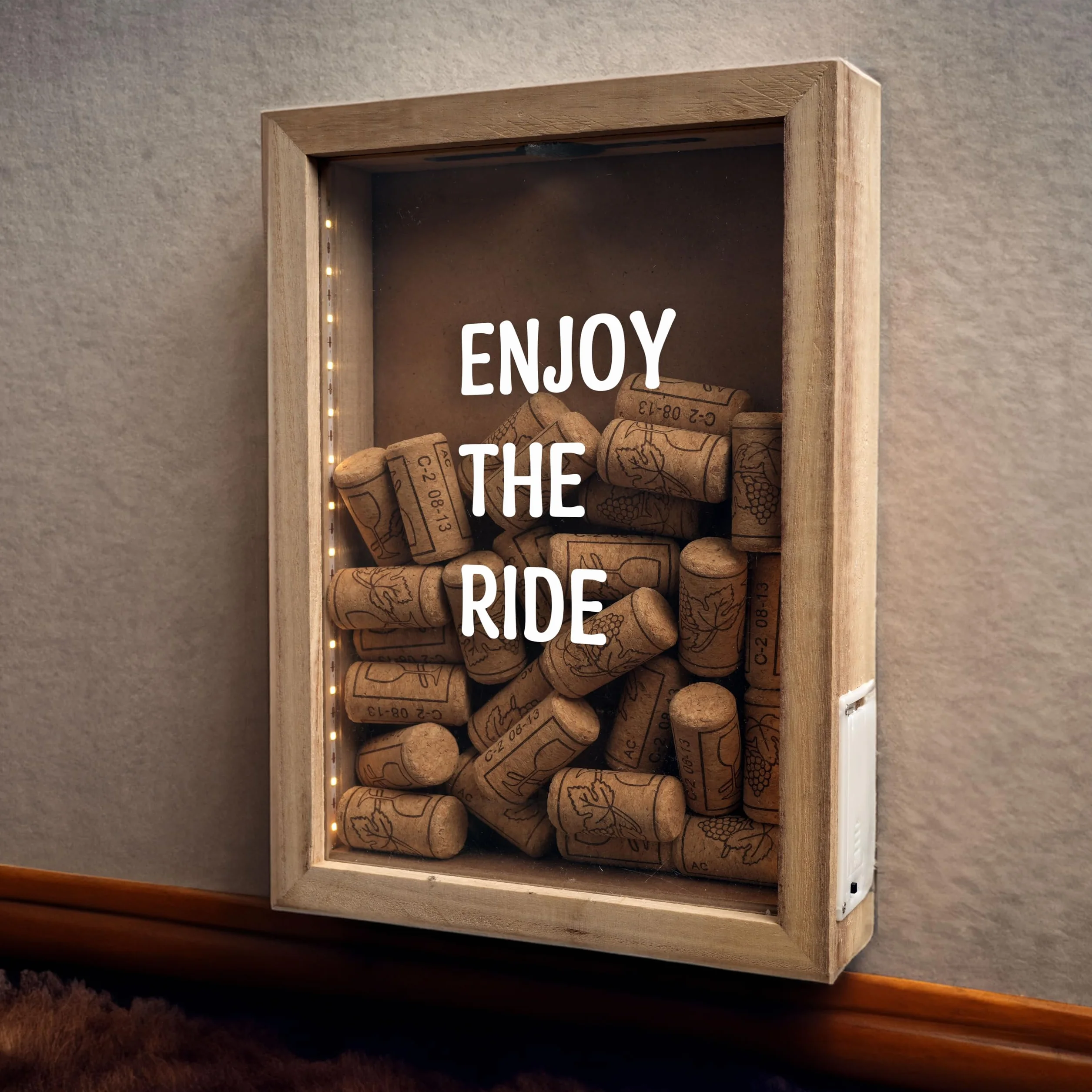 Boîte d'Ombre en Bois Naturel Rustique 8"x11" avec Éclairage LED pour Bouchons de Vin et Expositions Créatives