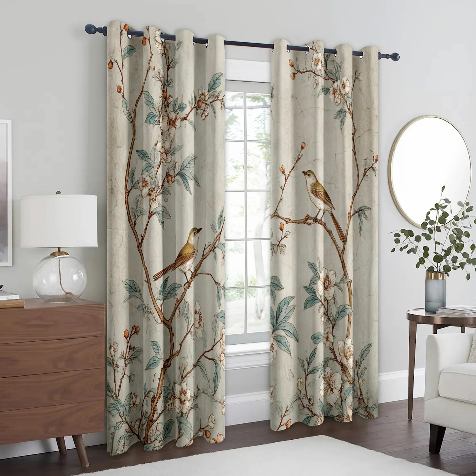 Rideaux Occultant Fleurs Oiseaux, Rideau Isolant Thermique pour Salon Chambre, Motif Branche d'arbre, Lot de 2 Décoration de Fenêtre Opaque 140x200cm LxH, à Oeillets