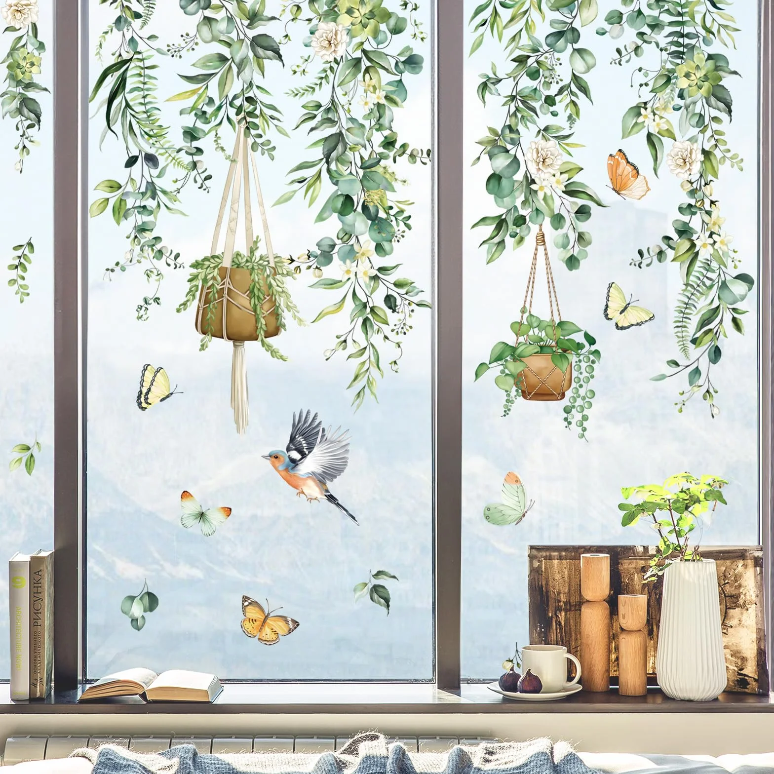 Decalmile Autocollants Fenêtre Anti-Collision Feuilles Verts Plantes Été Vigne Oiseaux