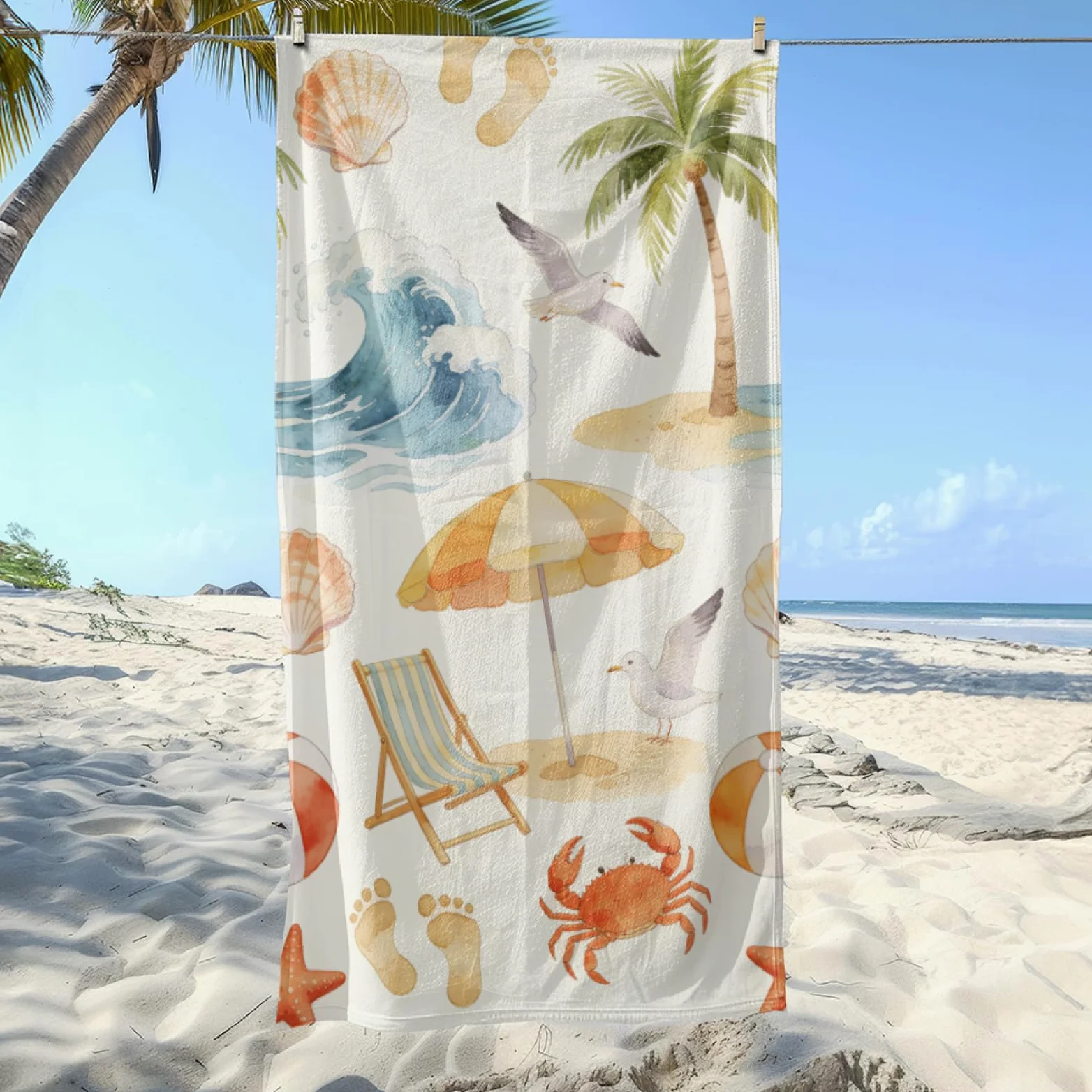 Tapis de Plage XXL Anti Sable Crabe Mouette Serviette Piscine Adulte,Natte De Plage Pliable, Voyage Accessoires De Plage Camping,Serviette de Bain Personnalisée