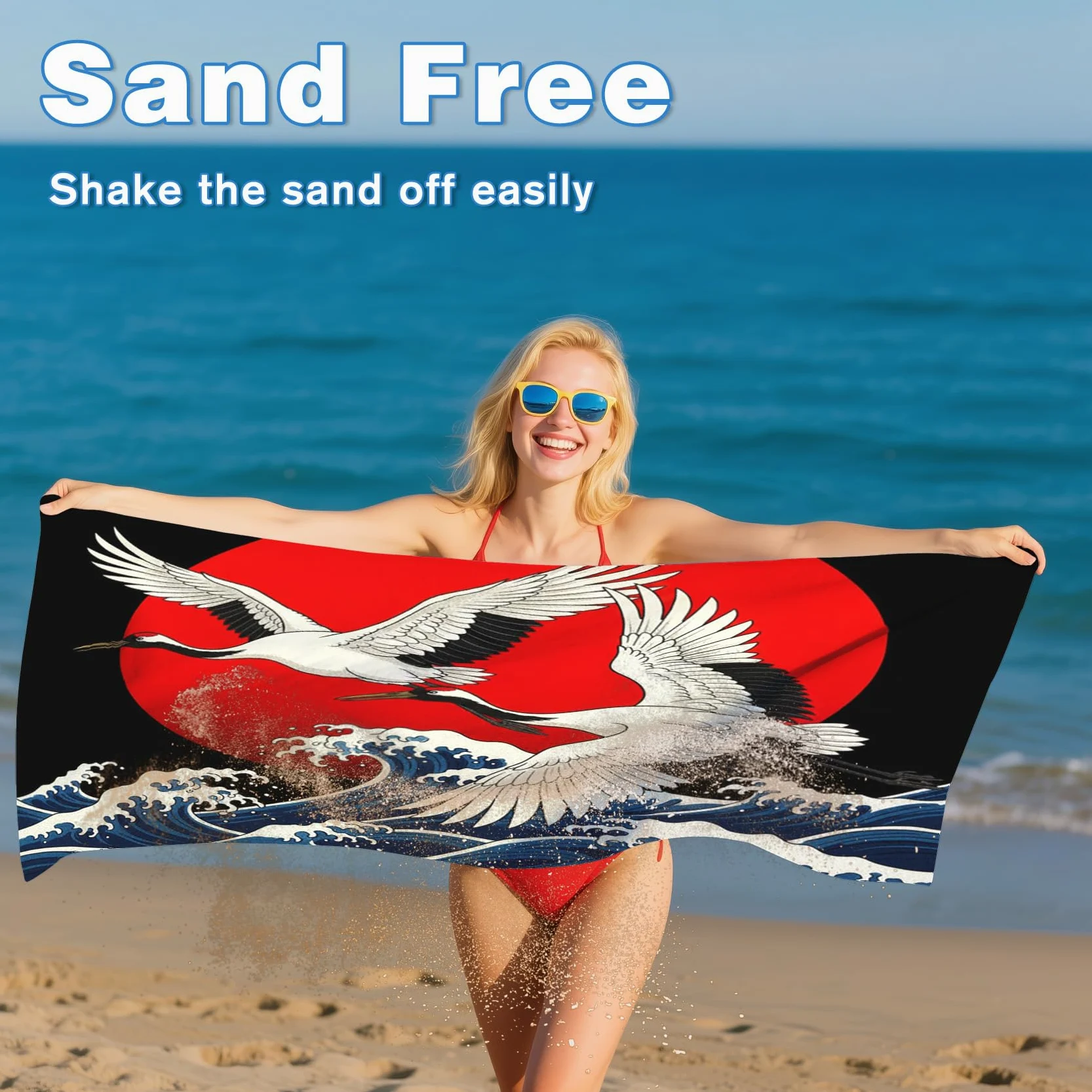 Serviette de Plage XXL Microfibre Style Asiatique Vague Japonaise, Drap de Plage Séchage Rapide Anti Sable & Légère, Serviette de Bain Grande Taille 200x200 cm, Accessoire & Cadeau été