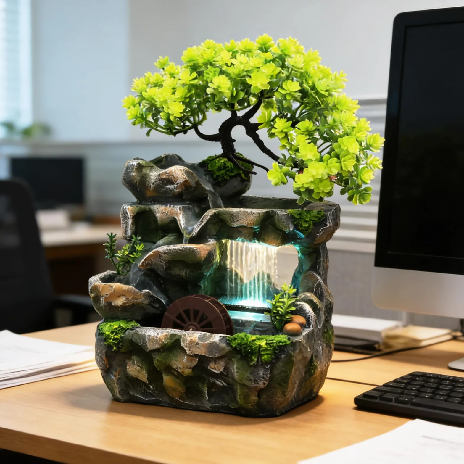 Fontaine d'intérieur LED, Fontaine de Table Cascade Bureau, Décoration Salon Zen