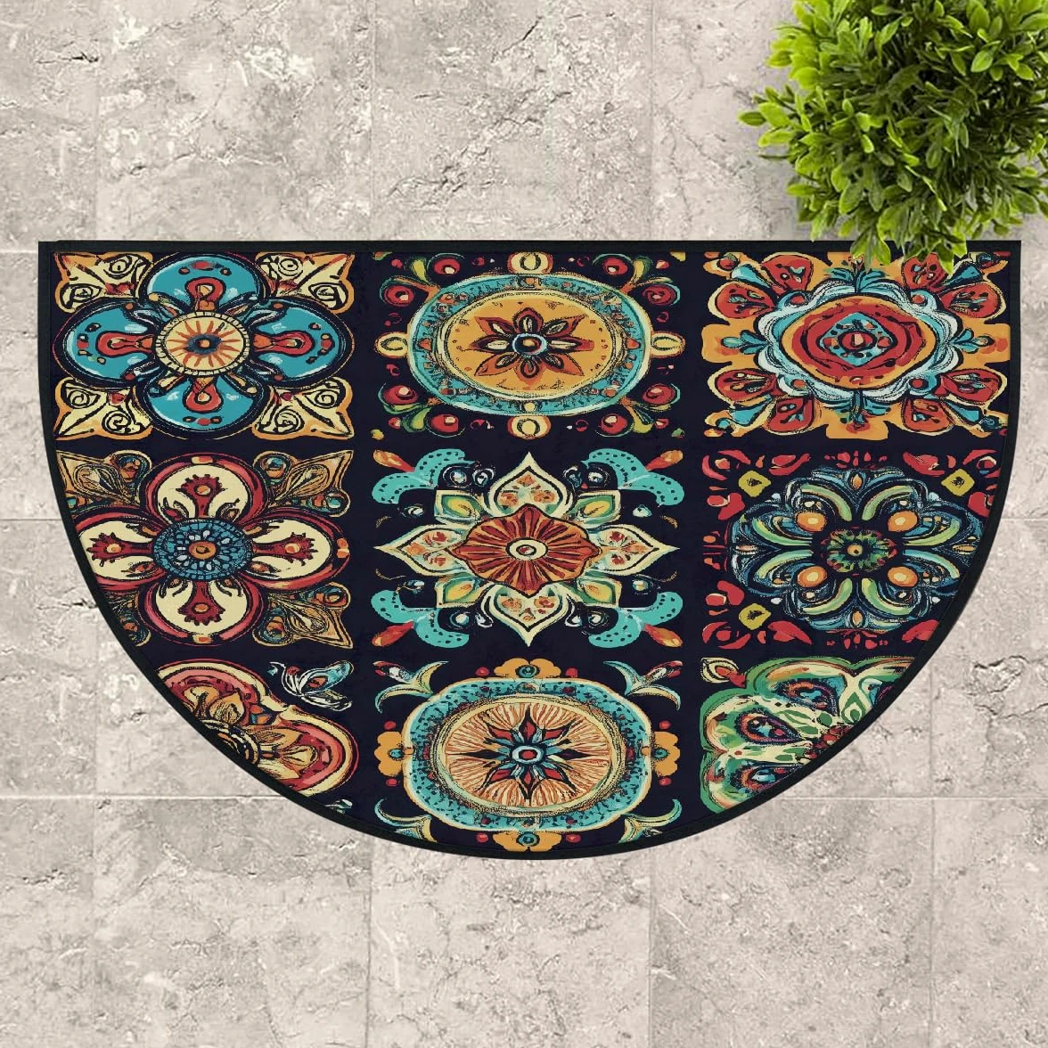 Mexpekil Paillasson mexicain ethnique floral demi-lune pour intérieur et extérieur, antidérapant, lavable, absorbant, anti-saleté, 100 x 160 cm