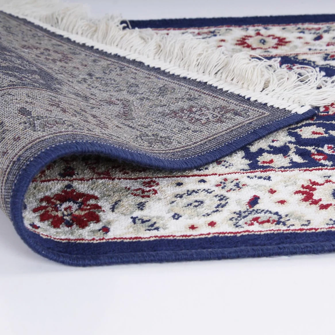 Tapis oriental perse classique SaRani avec frange dorée décor bleu bordeaux vert (140 x 200 cm, Bleu)