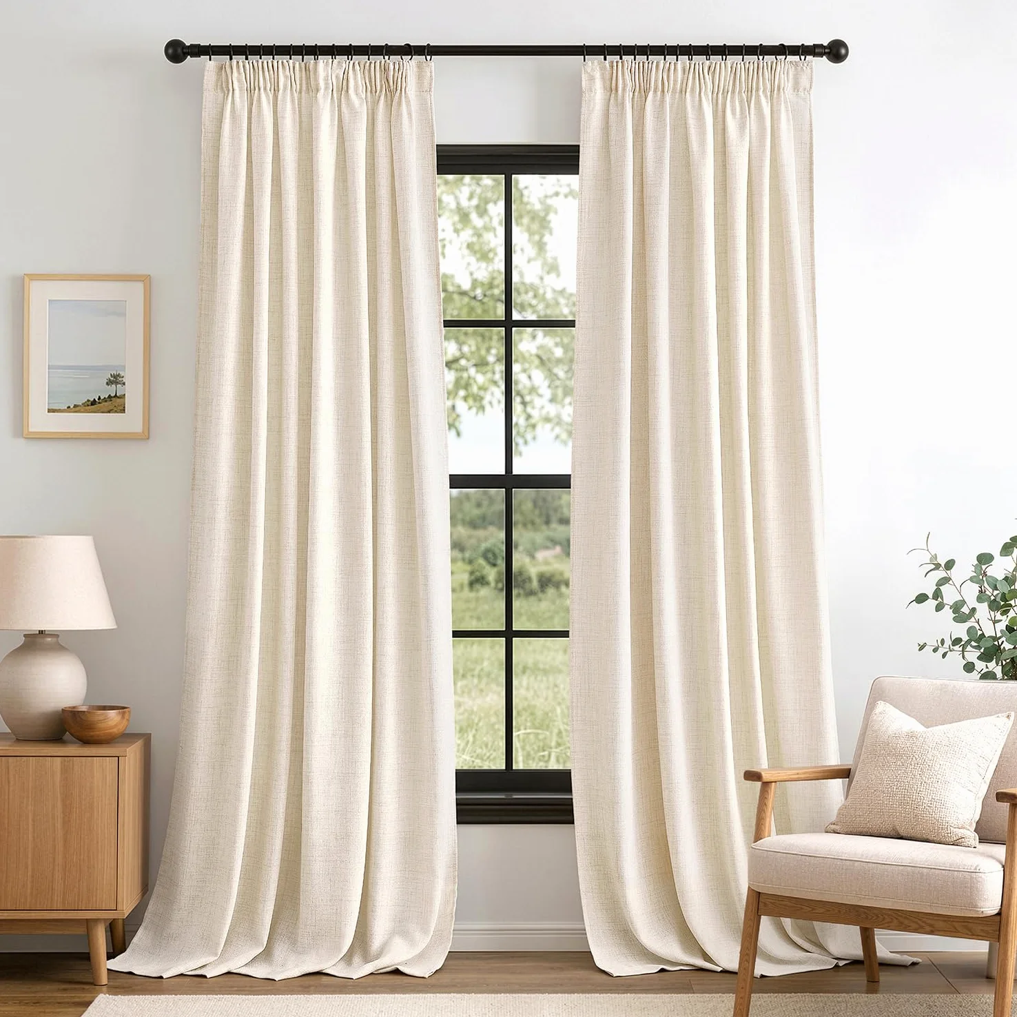 MIULEE Rideaux Aspect Lin Beige avec Ruban Lot de 2 140x260 cm | Tissu aspect lin semi-transparent pour salon et chambre; ruban pour une pose facile.