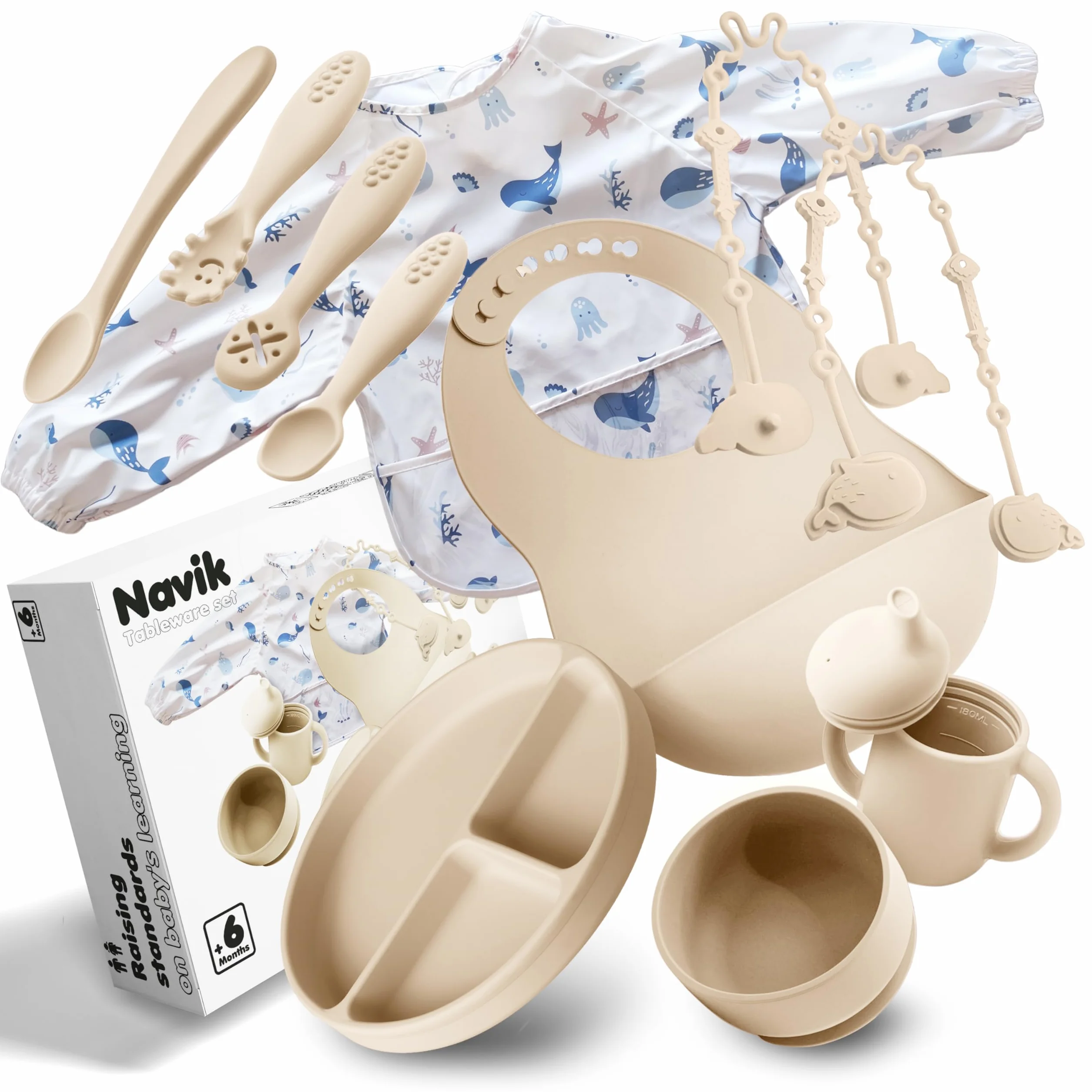 Coffret repas bébé 12 pièces Navik assiette ventouse tasse apprentissage bol cuillère silicone bavoir manches longues beige